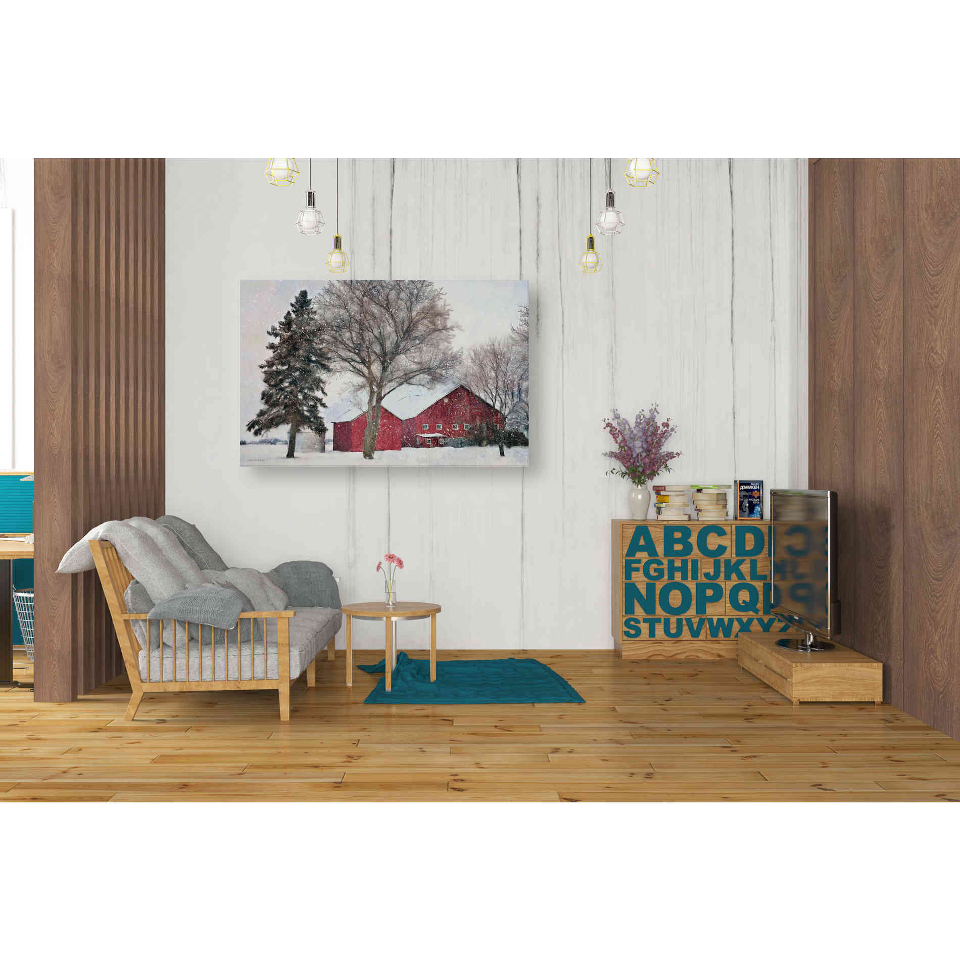 'Snowy Barn' by Bluebird Barn, Canvas Wall Art,40 x 26