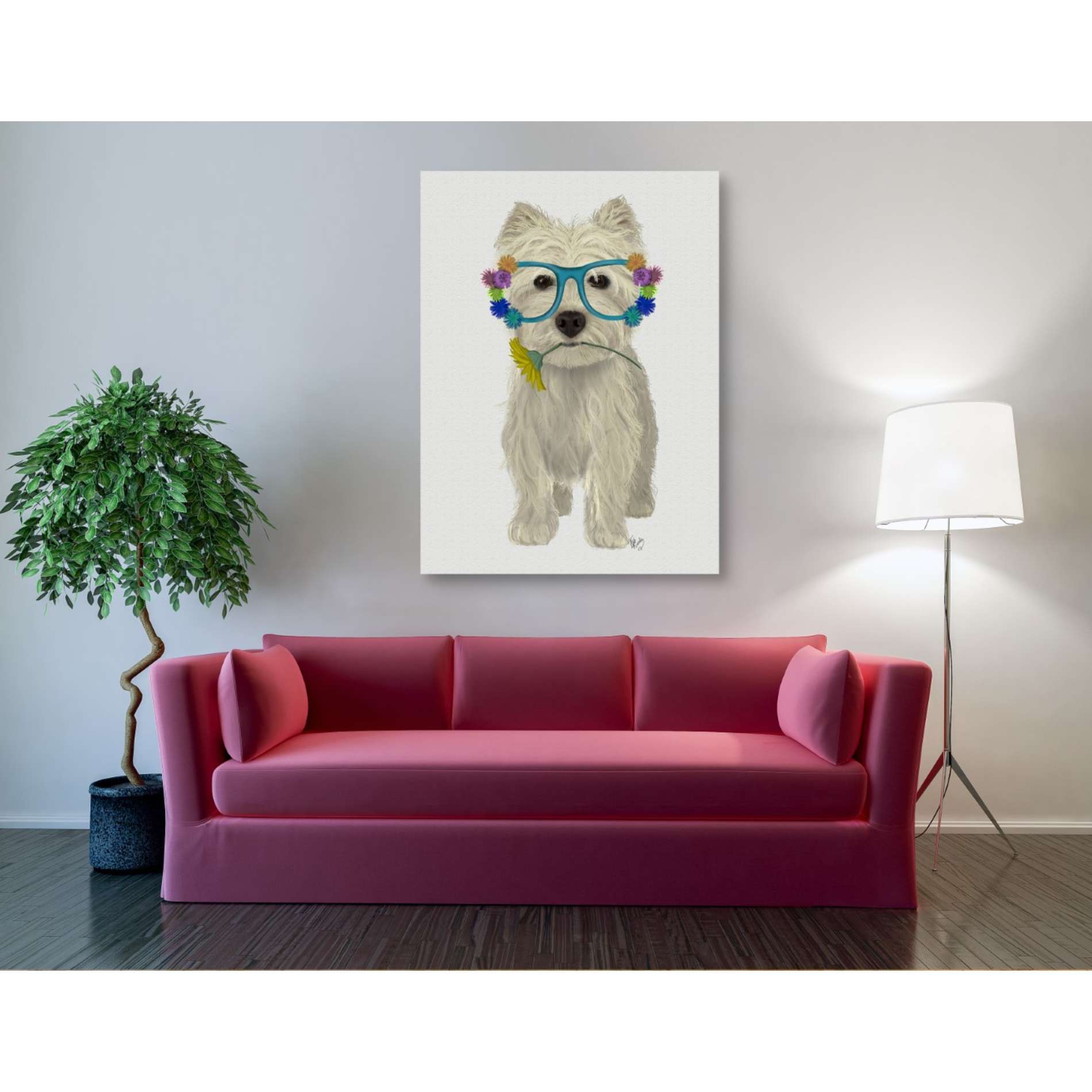 'West Highland Terrier Flower Glasses' by Fab Funky, Giclee Canvas Wall Art