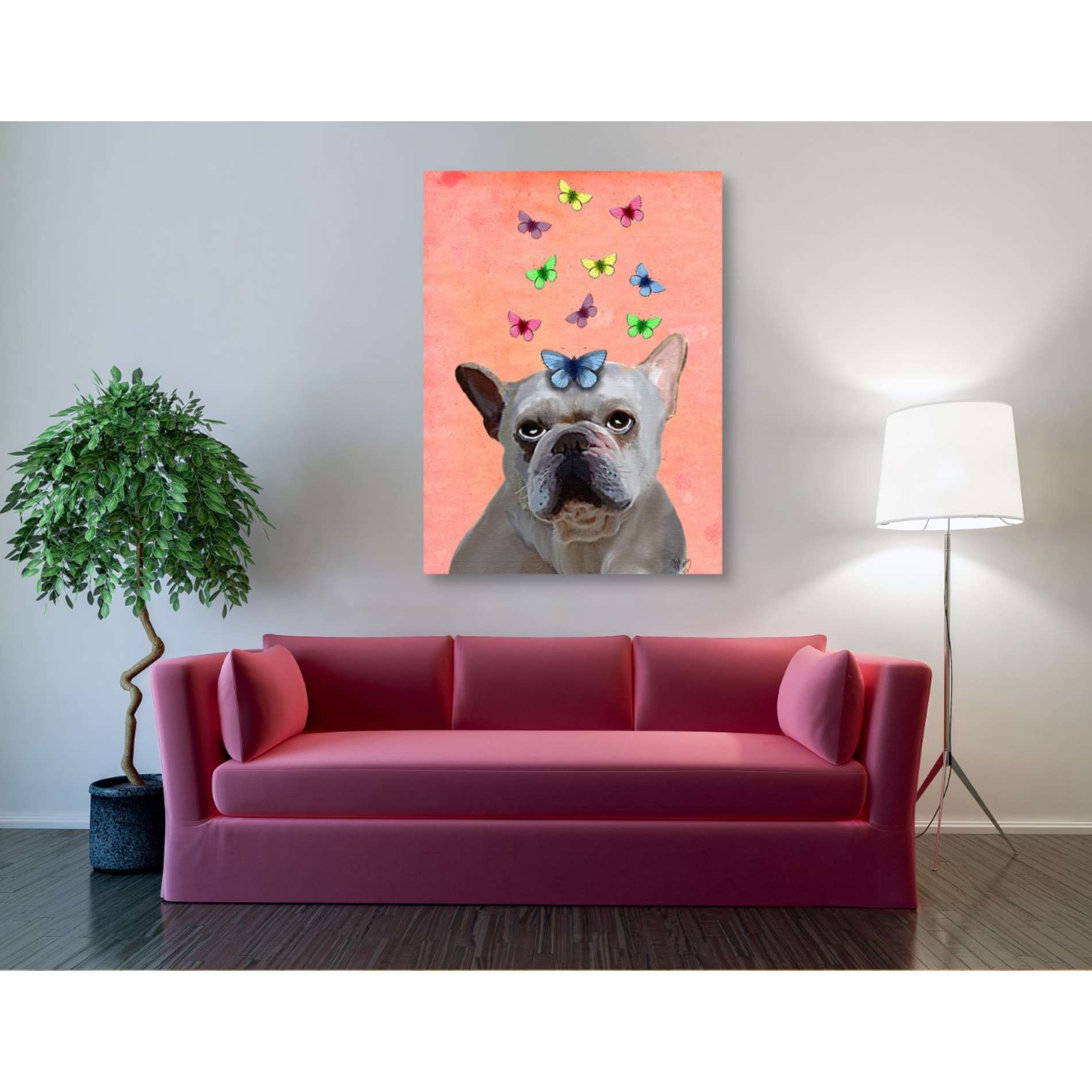 'White French Bulldog and Butterflies' by Fab Funky, Giclee Canvas Wall Art