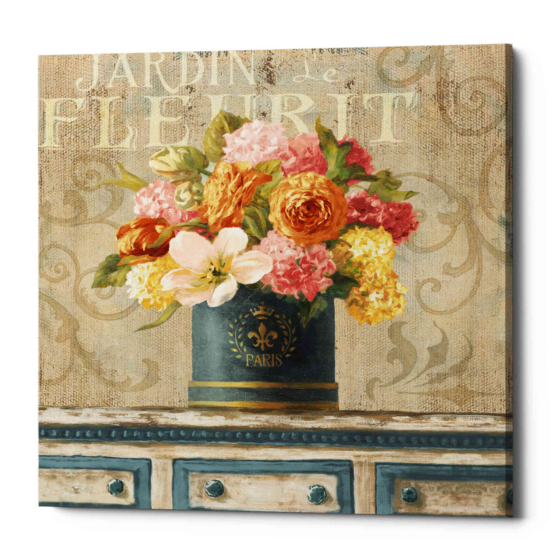 'Tulips in Teal and Gold Hatbox' by Danhui Nai, Canvas Wall Art