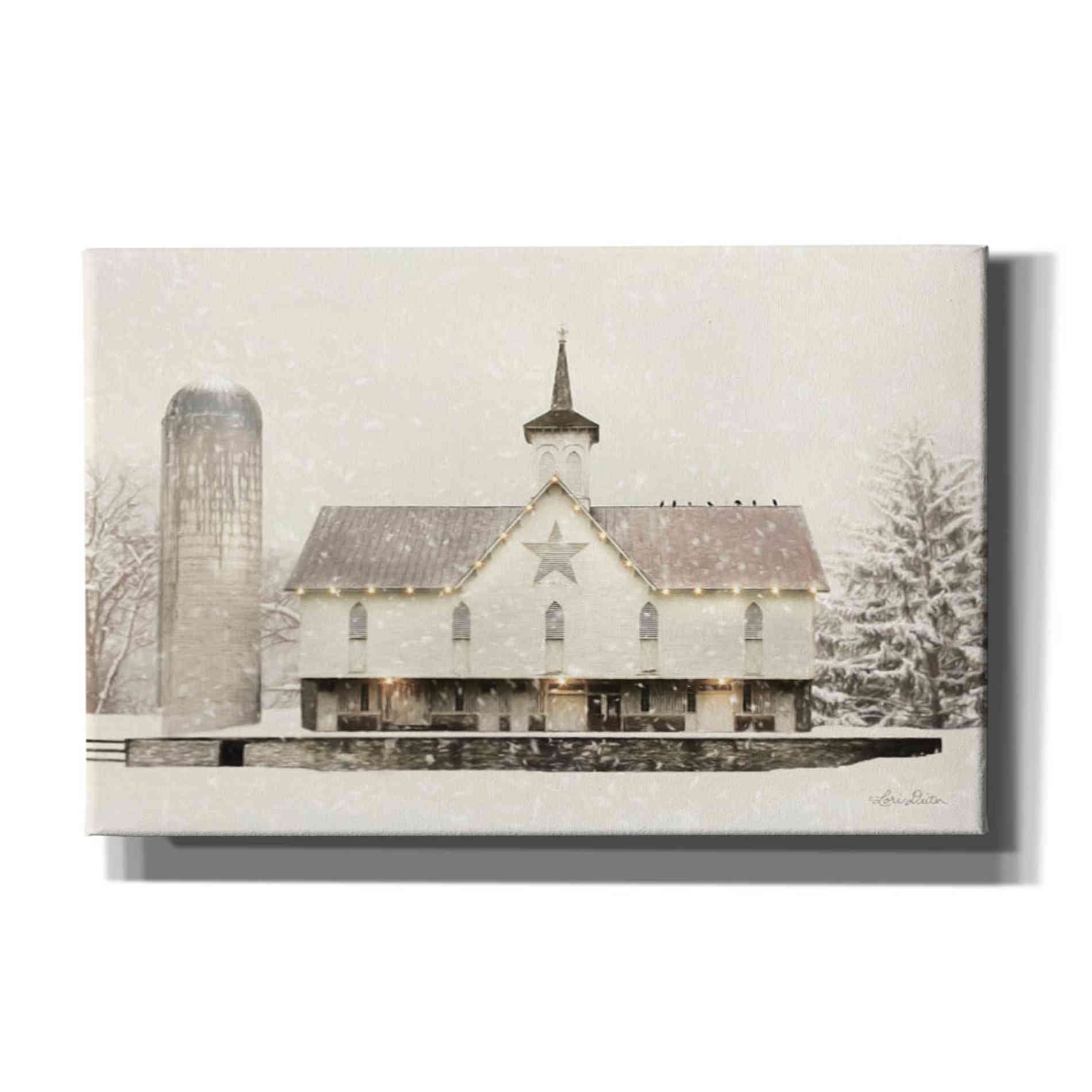 'Christmas Star Barn with Lights' by Lori Deiter, Canvas Wall Art,Size A Landscape
