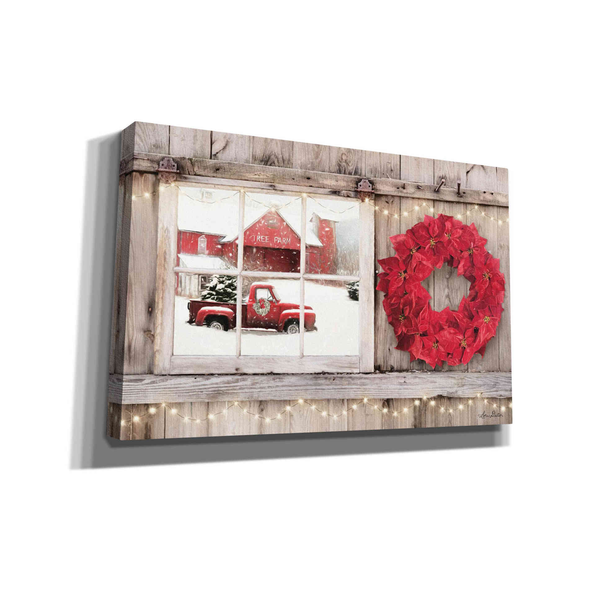 'Poinsettia Wreath Window View' by Lori Deiter, Canvas Wall Art,Size A Landscape