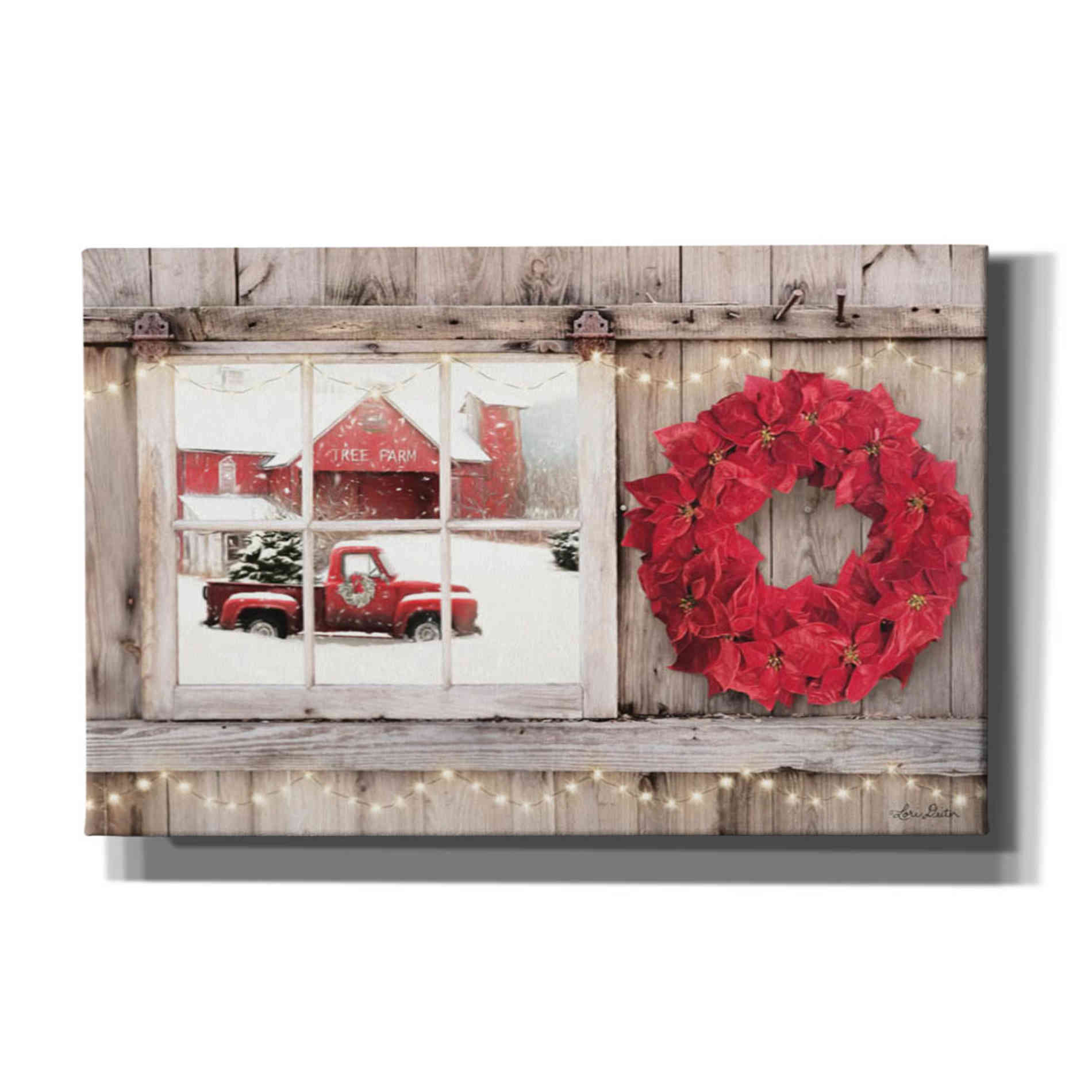 'Poinsettia Wreath Window View' by Lori Deiter, Canvas Wall Art,Size A Landscape