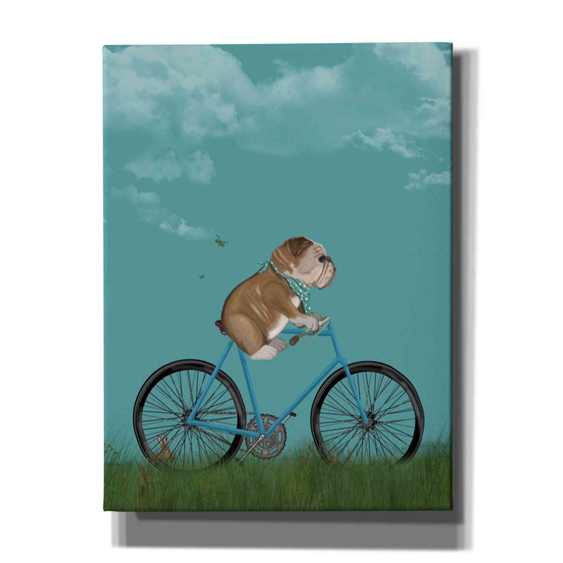 'English Bulldog on Bicycle - Sky' by Fab Funky Giclee Canvas Wall Art