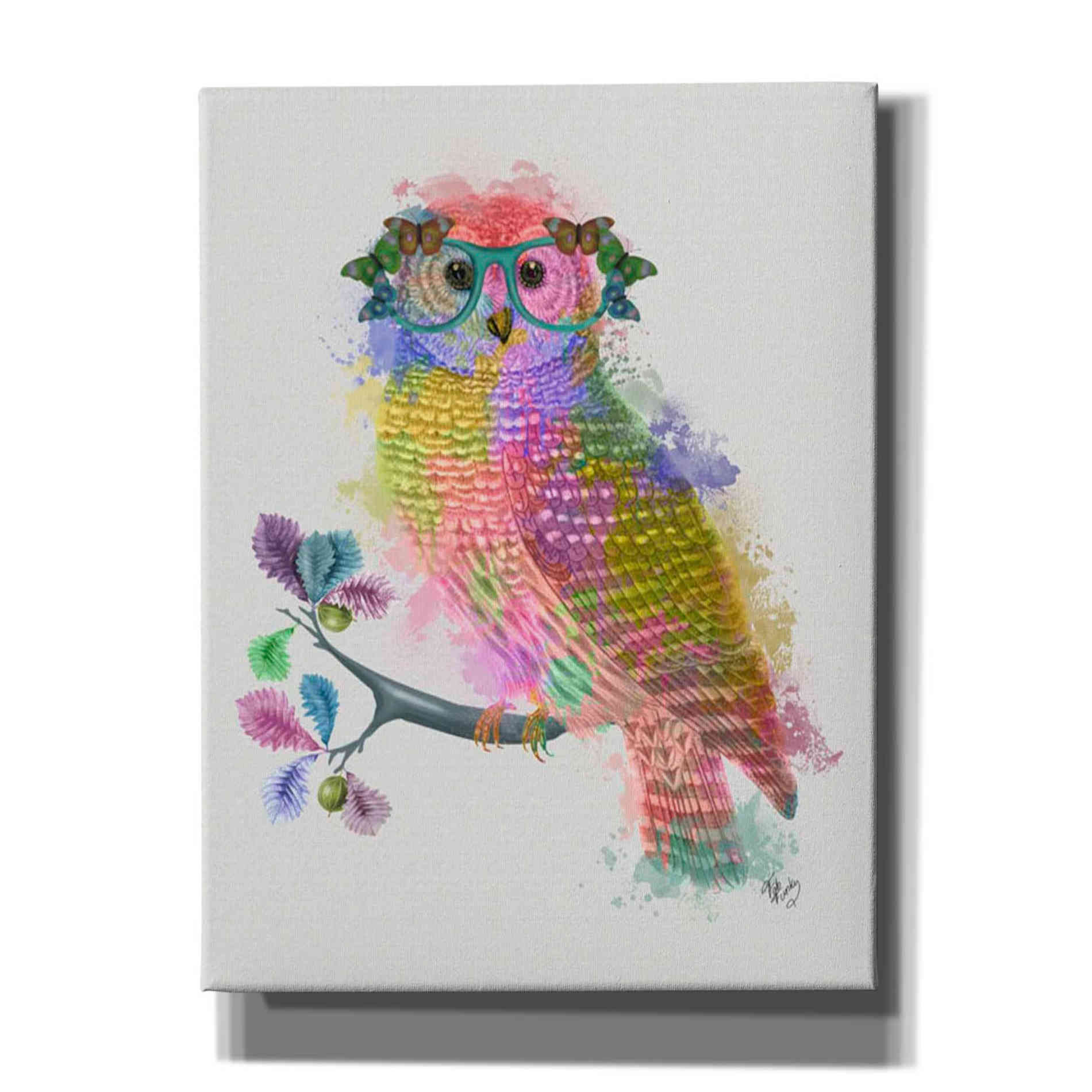 'Rainbow Splash Owl' by Fab Funky Giclee Canvas Wall Art