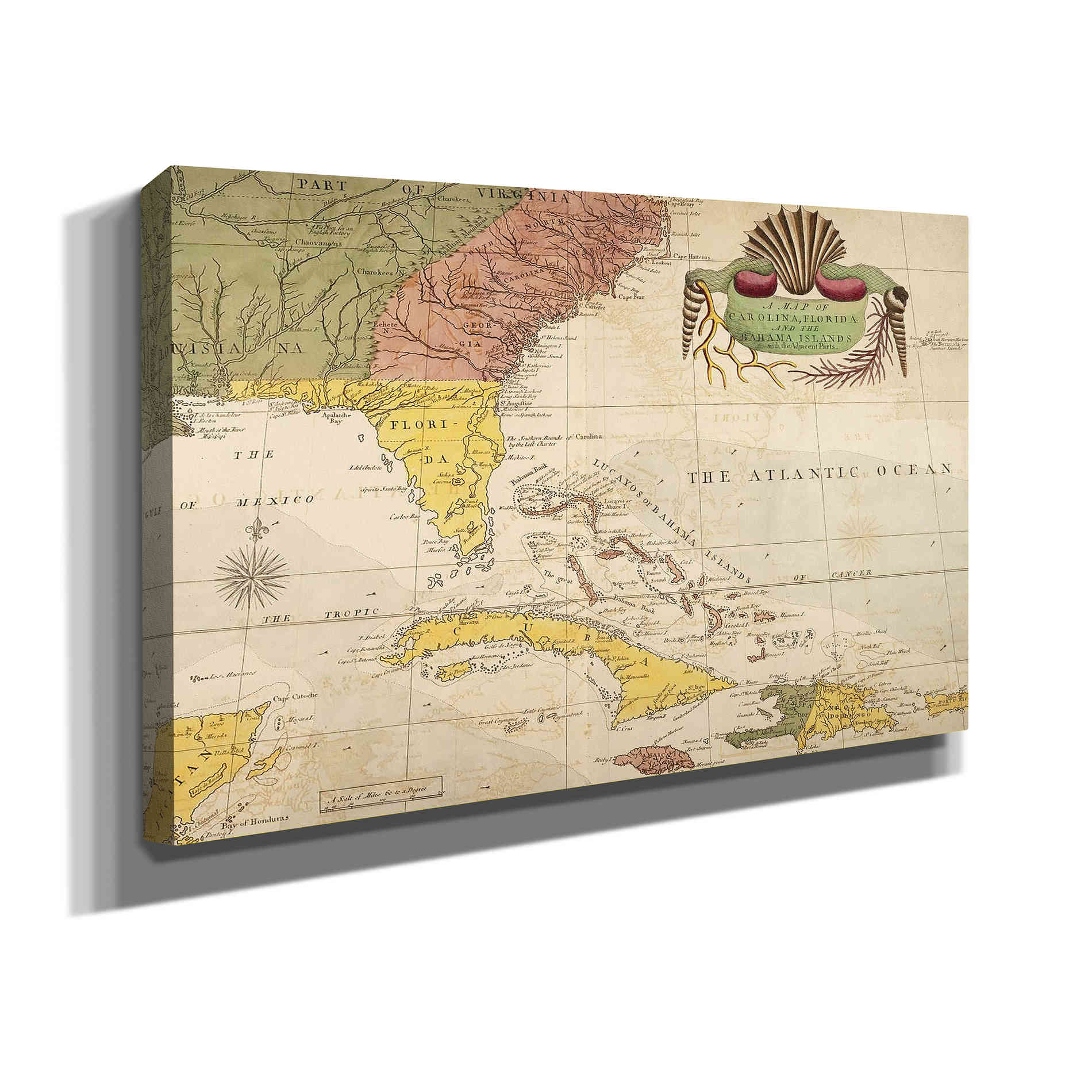 'Map of Carolina, Florida & the Bahama Islands' by Mark Catesby Giclee Canvas Wall Art