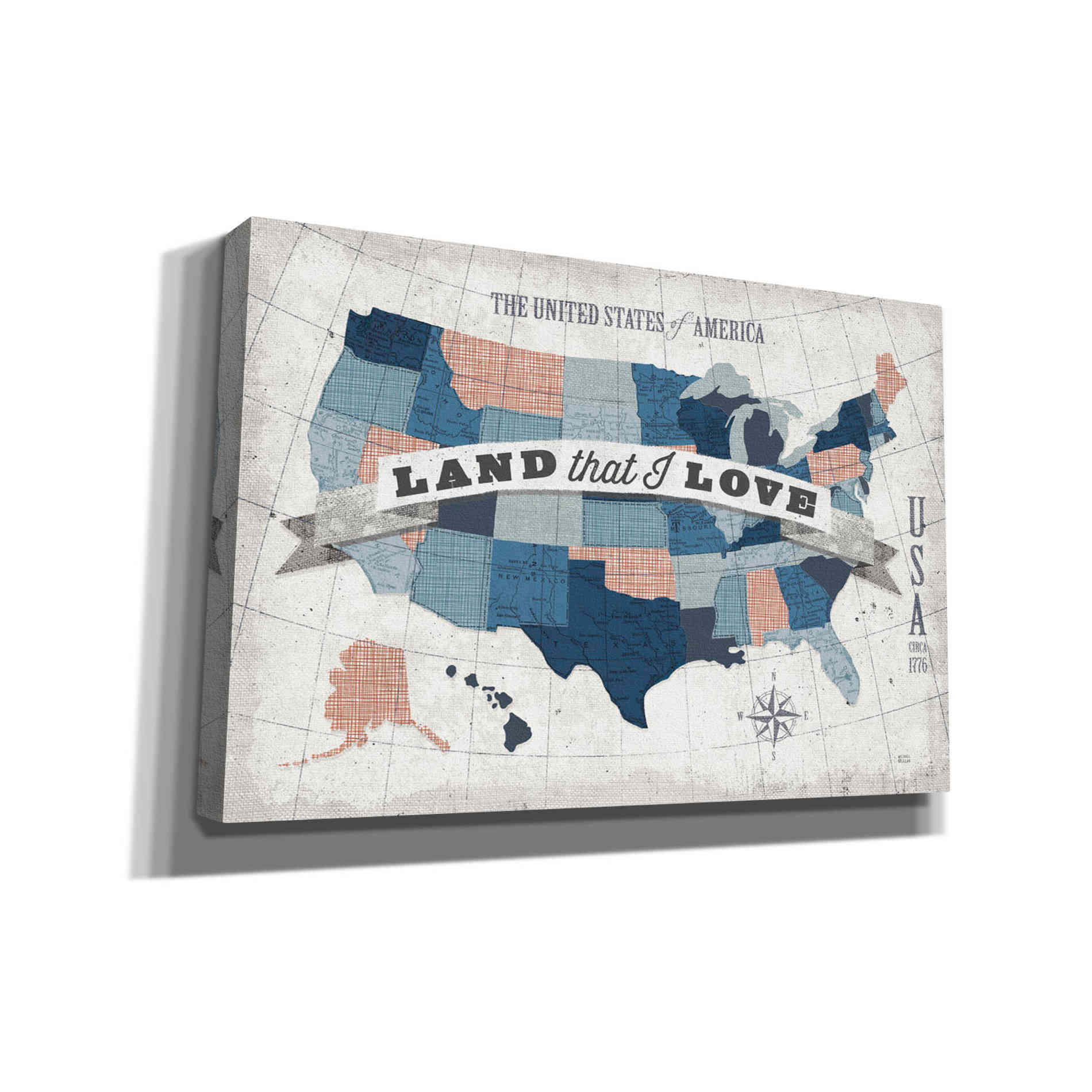 'USA Modern Vintage Blue Grey Red with Words' by Michael Mullan, Canvas Wall Art