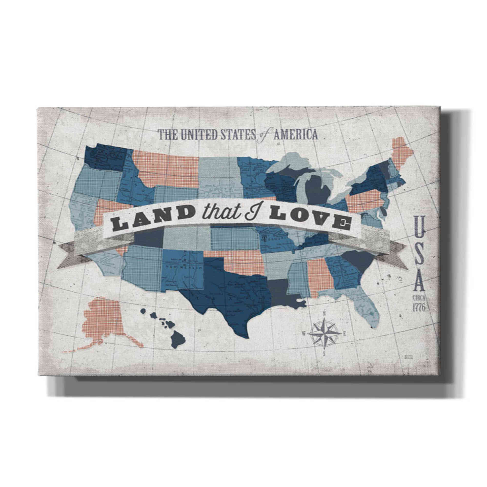 'USA Modern Vintage Blue Grey Red with Words' by Michael Mullan, Canvas Wall Art