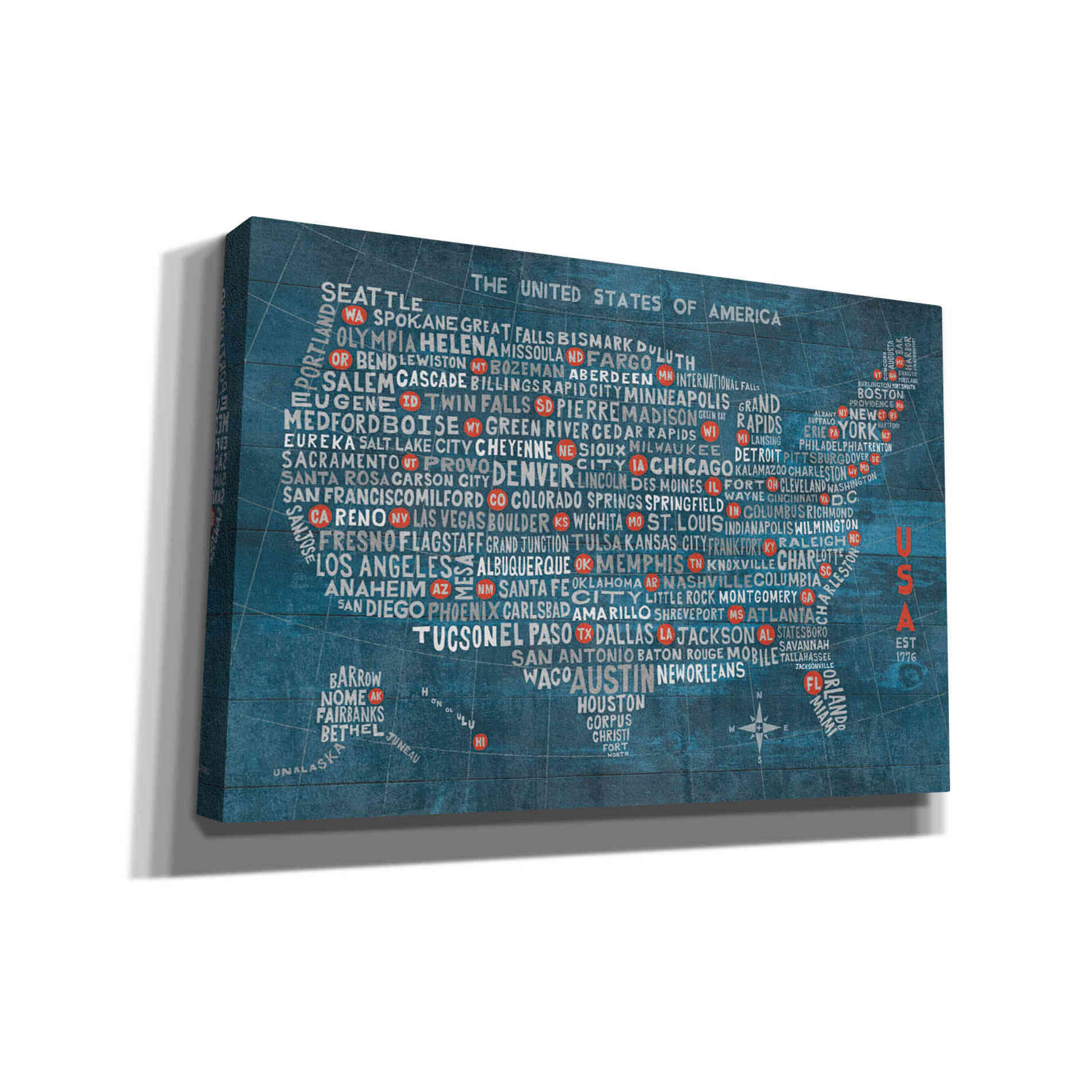 'US City Map on Wood Blue' by Michael Mullan, Canvas Wall Art