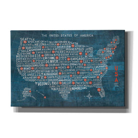 'US City Map on Wood Blue' by Michael Mullan, Canvas Wall Art
