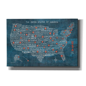 'US City Map on Wood Blue' by Michael Mullan, Canvas Wall Art