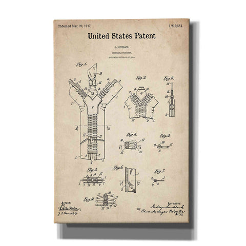 Image of 'Zipper Blueprint Patent Parchment' Canvas Wall Art,Size A Portrait