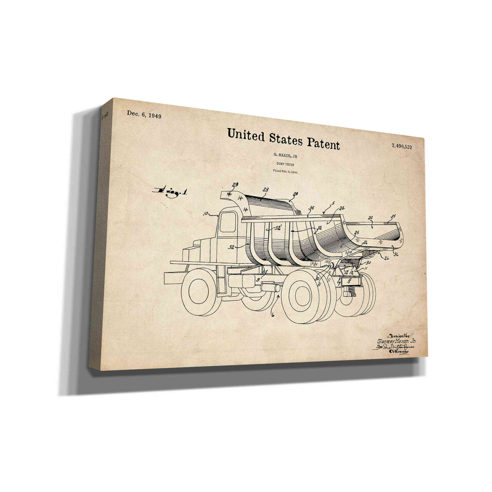 'Dump Truck Blueprint Patent Parchment' Canvas Wall Art,Size A Landscape