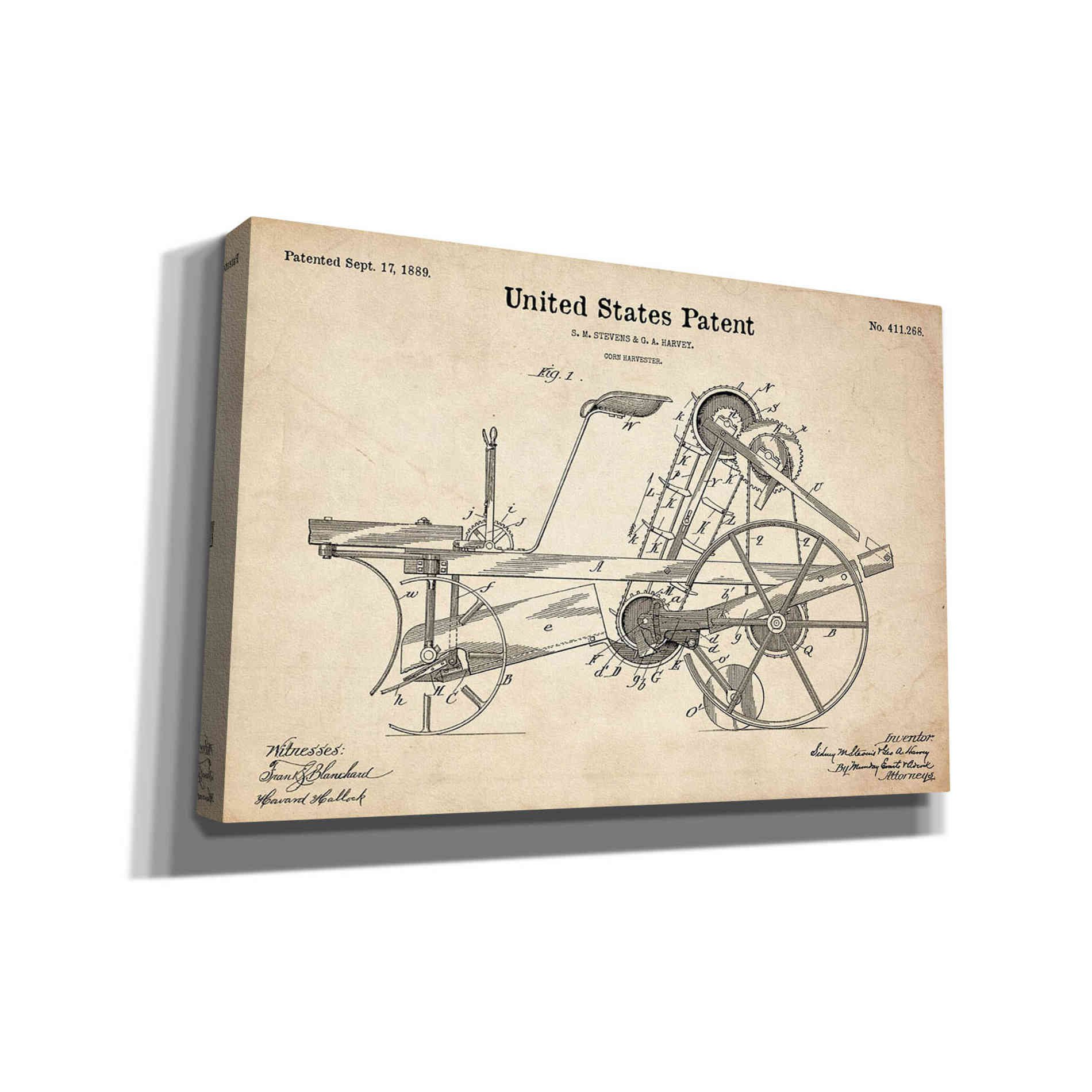 'Corn Harvester Blueprint Patent Parchment' Canvas Wall Art,Size A Landscape