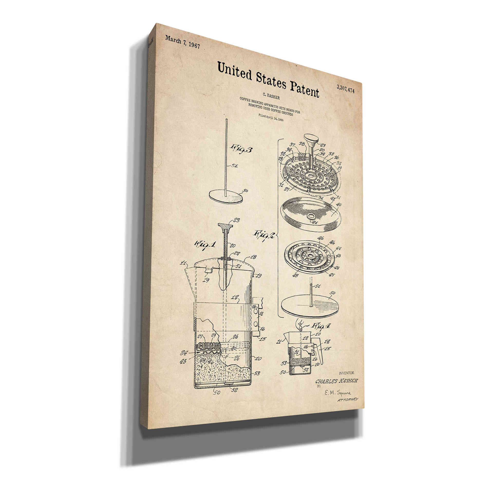 'Coffee Brewer Blueprint Patent Parchment' Canvas Wall Art,Size A Portrait