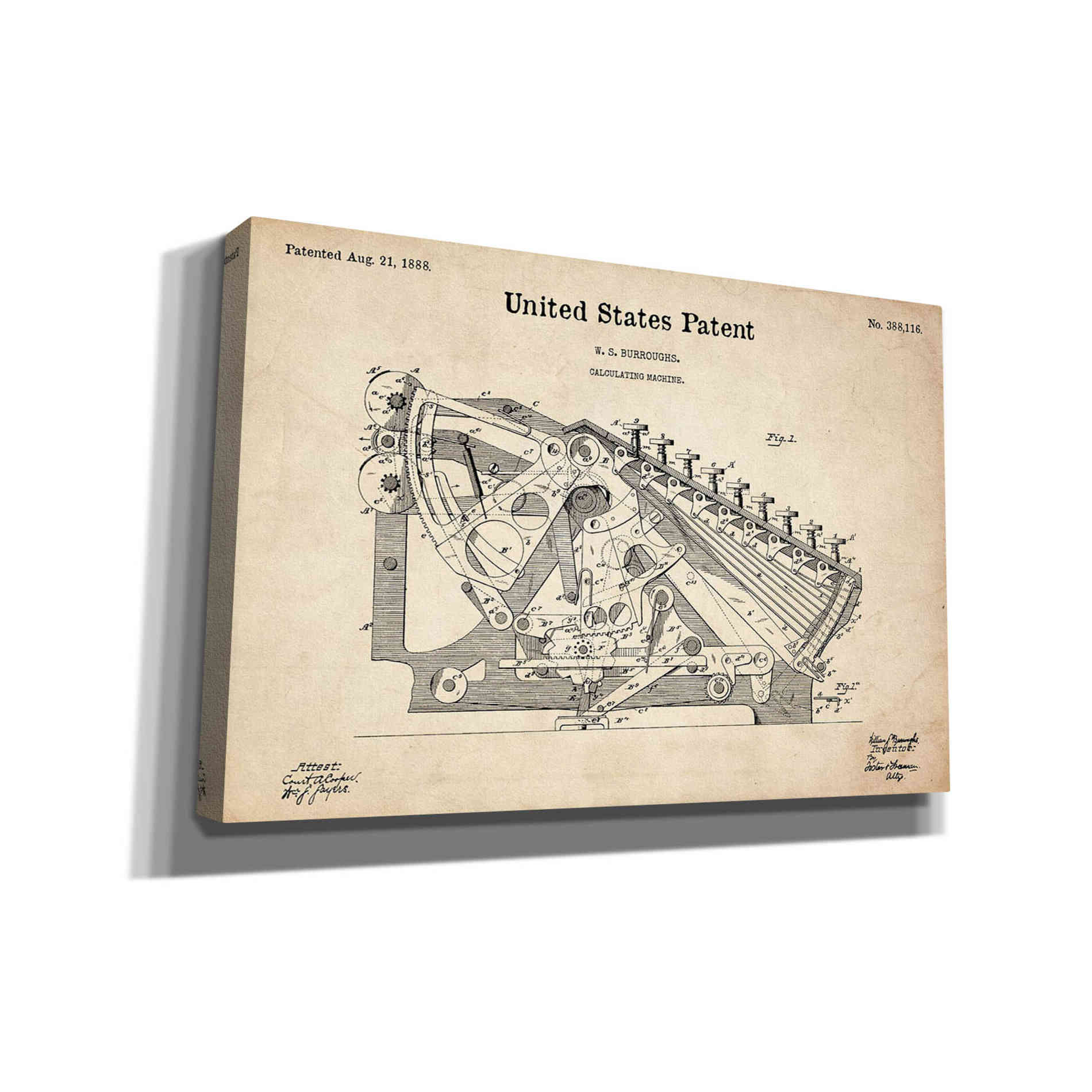 'Calculating Machine Blueprint Patent Parchment' Canvas Wall Art,Size A Landscape