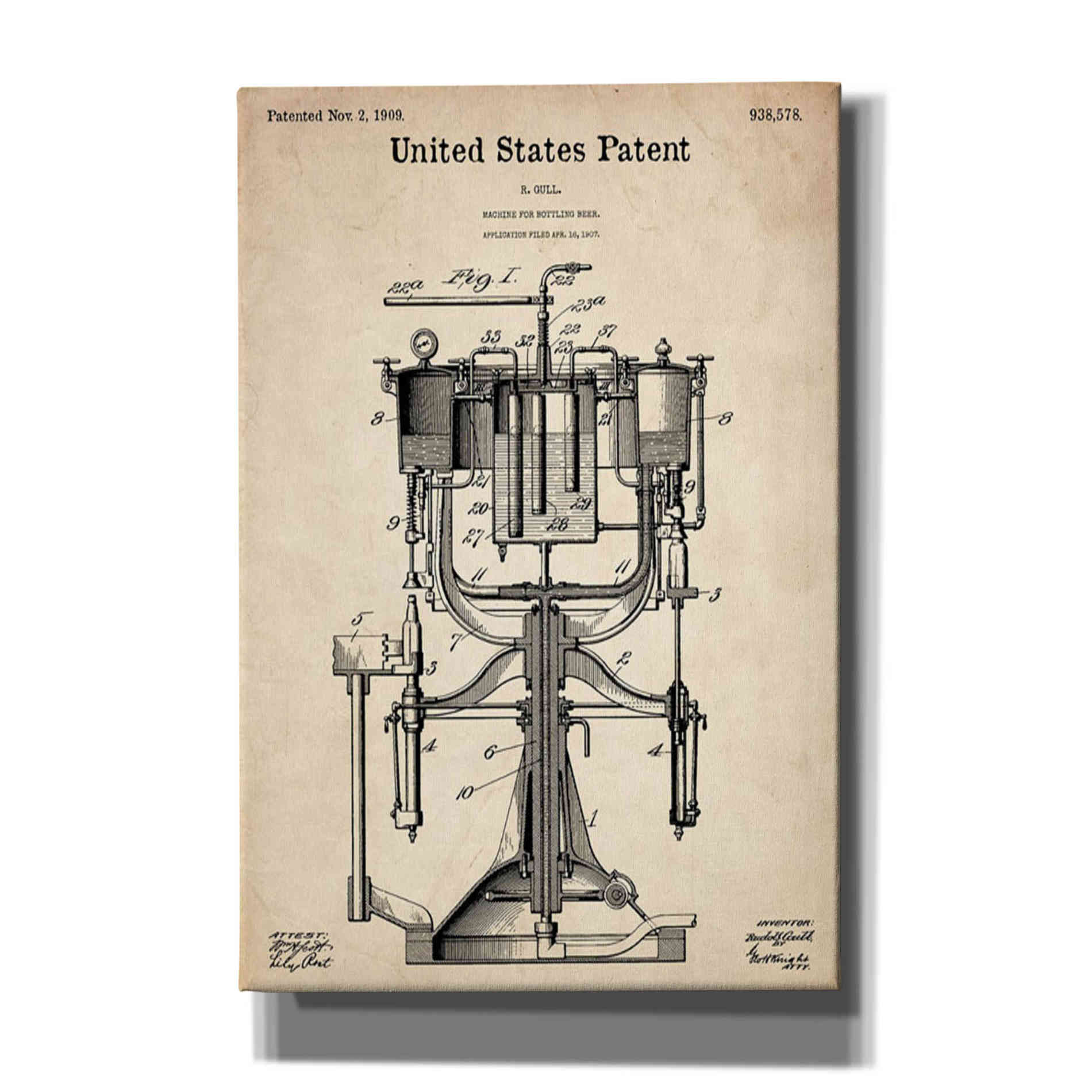 'Beer Bottling Machine Blueprint Patent Parchment' Canvas Wall Art,Size A Portrait