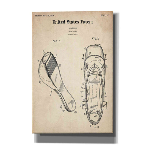 Image of 'Ballet Slippers Blueprint Patent Parchment' Canvas Wall Art,Size A Portrait
