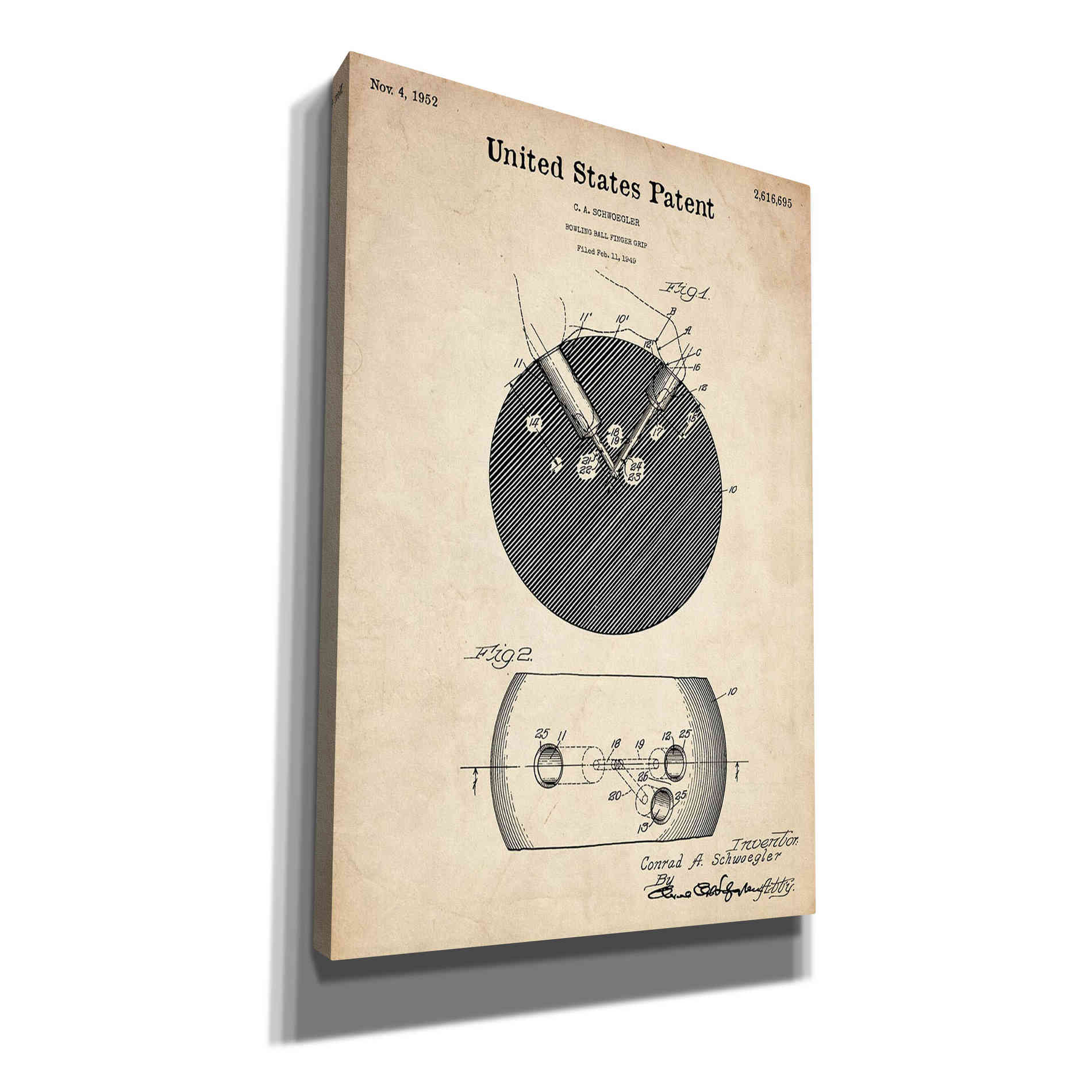 'Bowling Ball Finger Grip Blueprint Patent Parchment' Canvas Wall Art,Size A Portrait