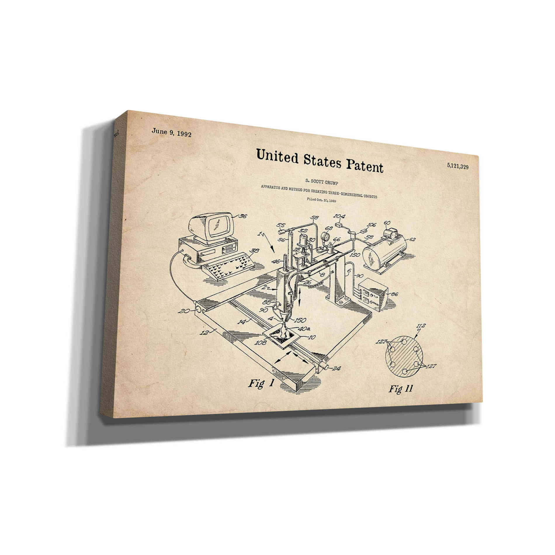 '3D Printer Blueprint Patent Parchment' Canvas Wall Art,Size A Landscape