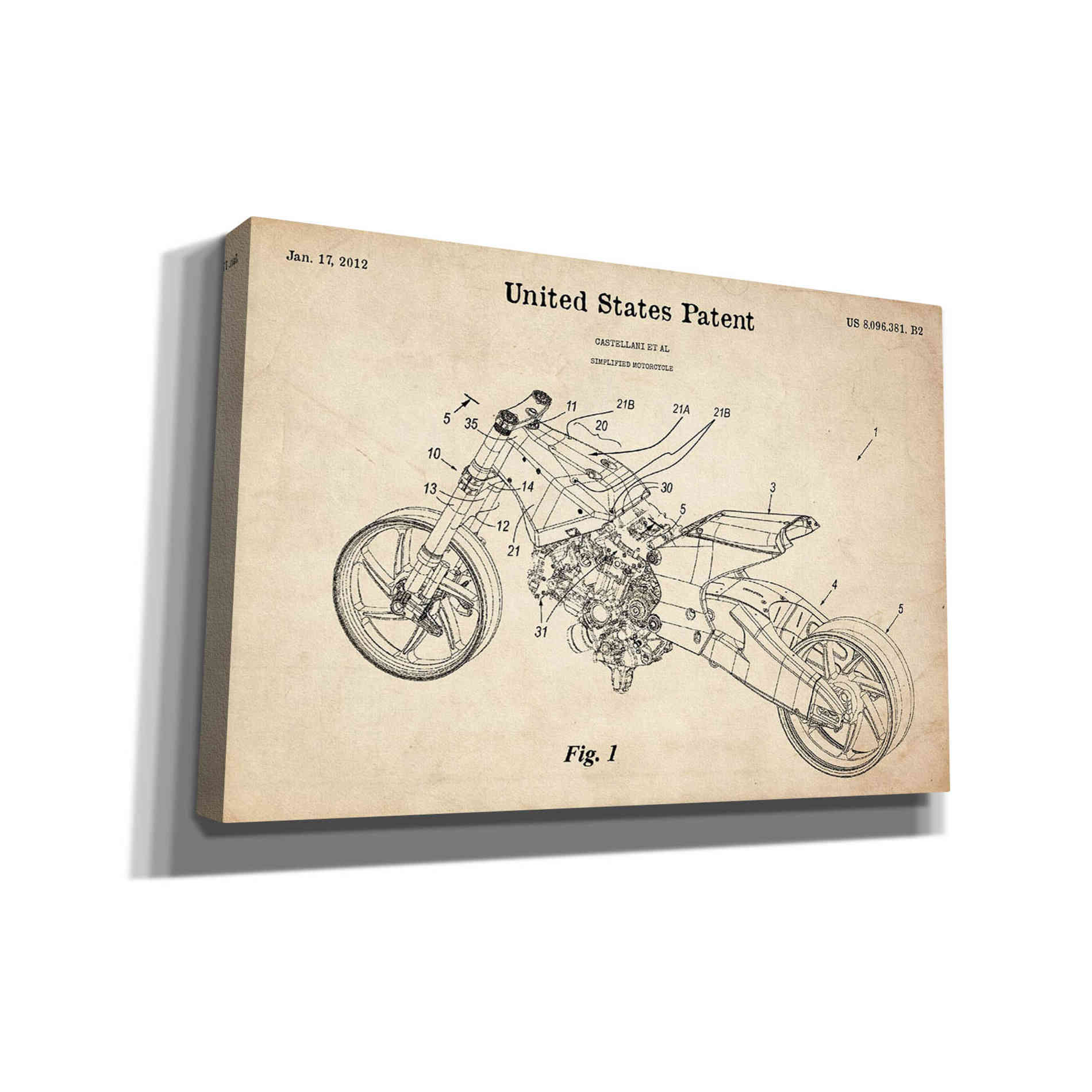 'Motocycle Blueprint Patent Parchment' Canvas Wall Art,Size A Landscape