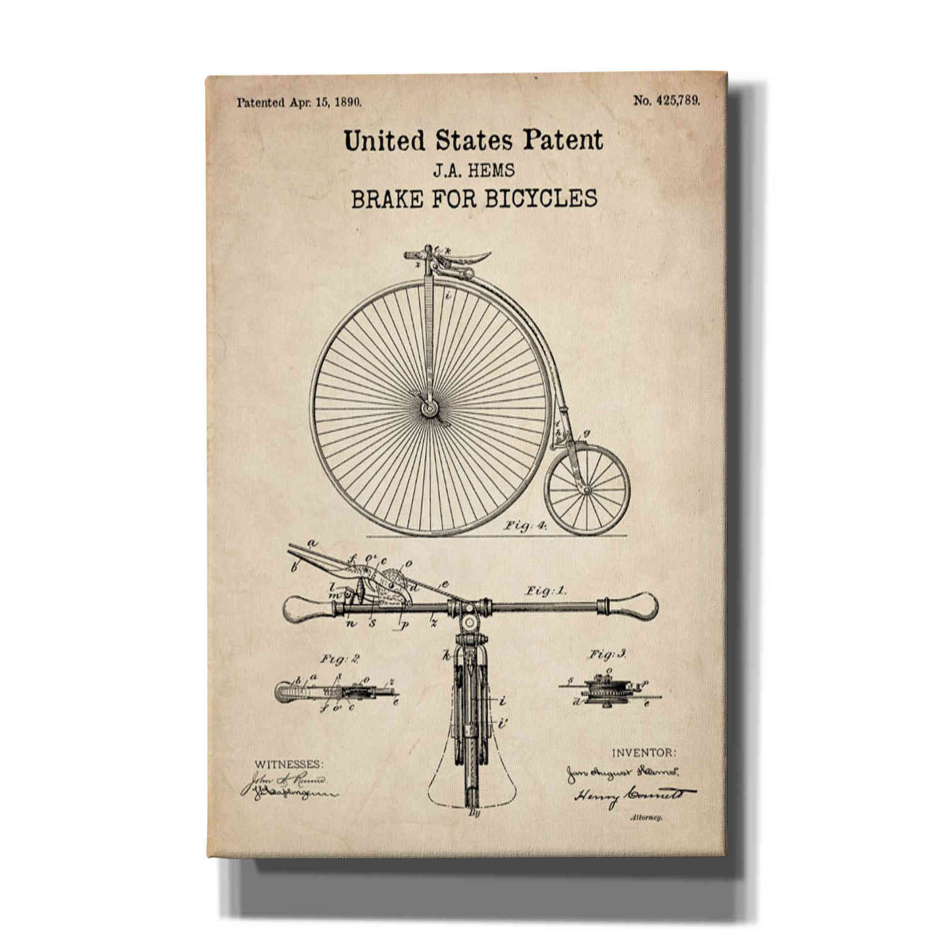 'Brake for Vintage Bicycle Blueprint Patent Parchment' Canvas Wall Art