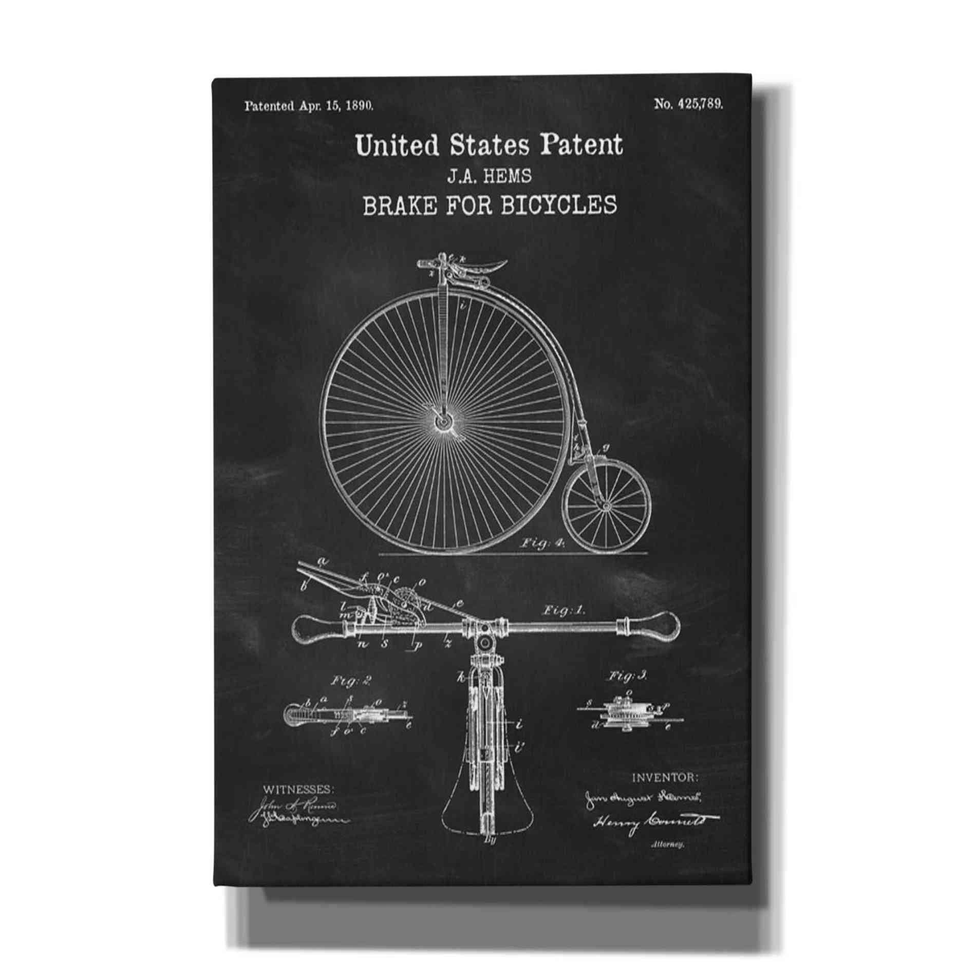 'Brake for Vintage Bicycle Blueprint Patent Chalkboard' Canvas Wall Art