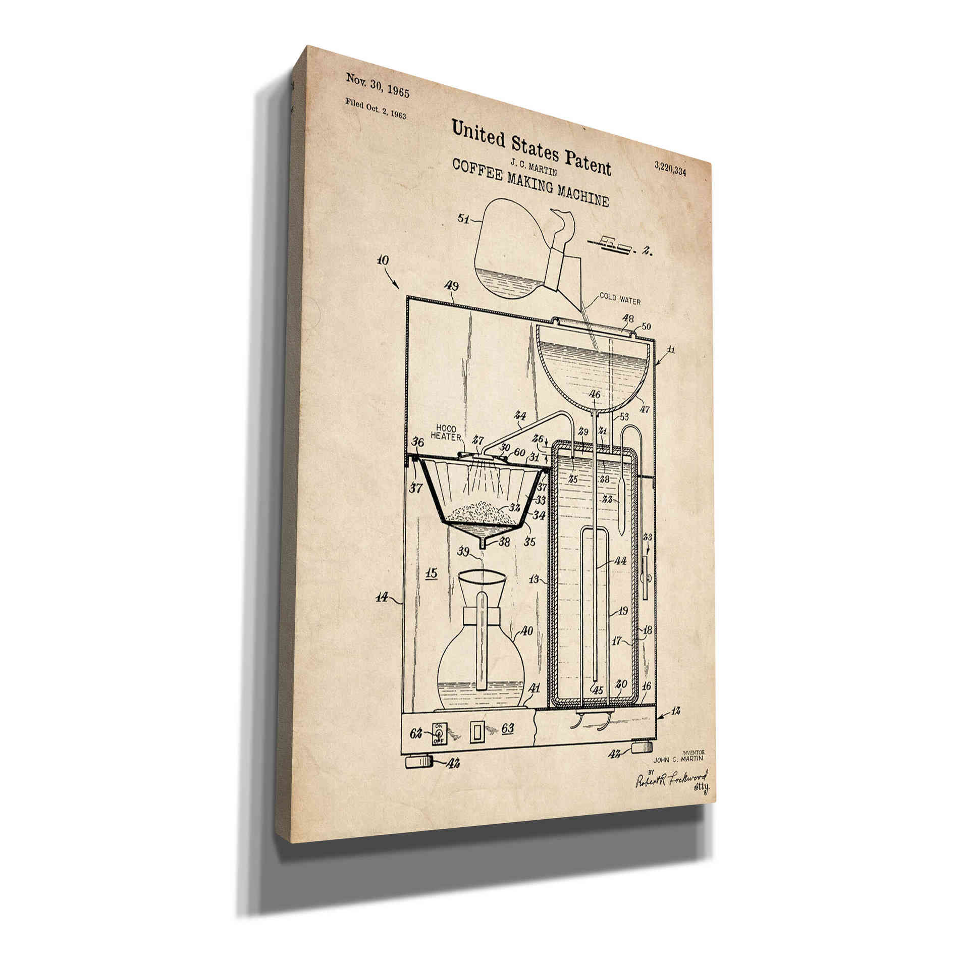 'Coffee Machine Blueprint Patent Parchment' Canvas Wall Art