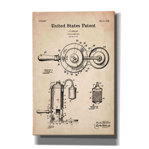 Image of 'Coffee Percolator Blueprint Patent Parchment' Canvas Wall Art
