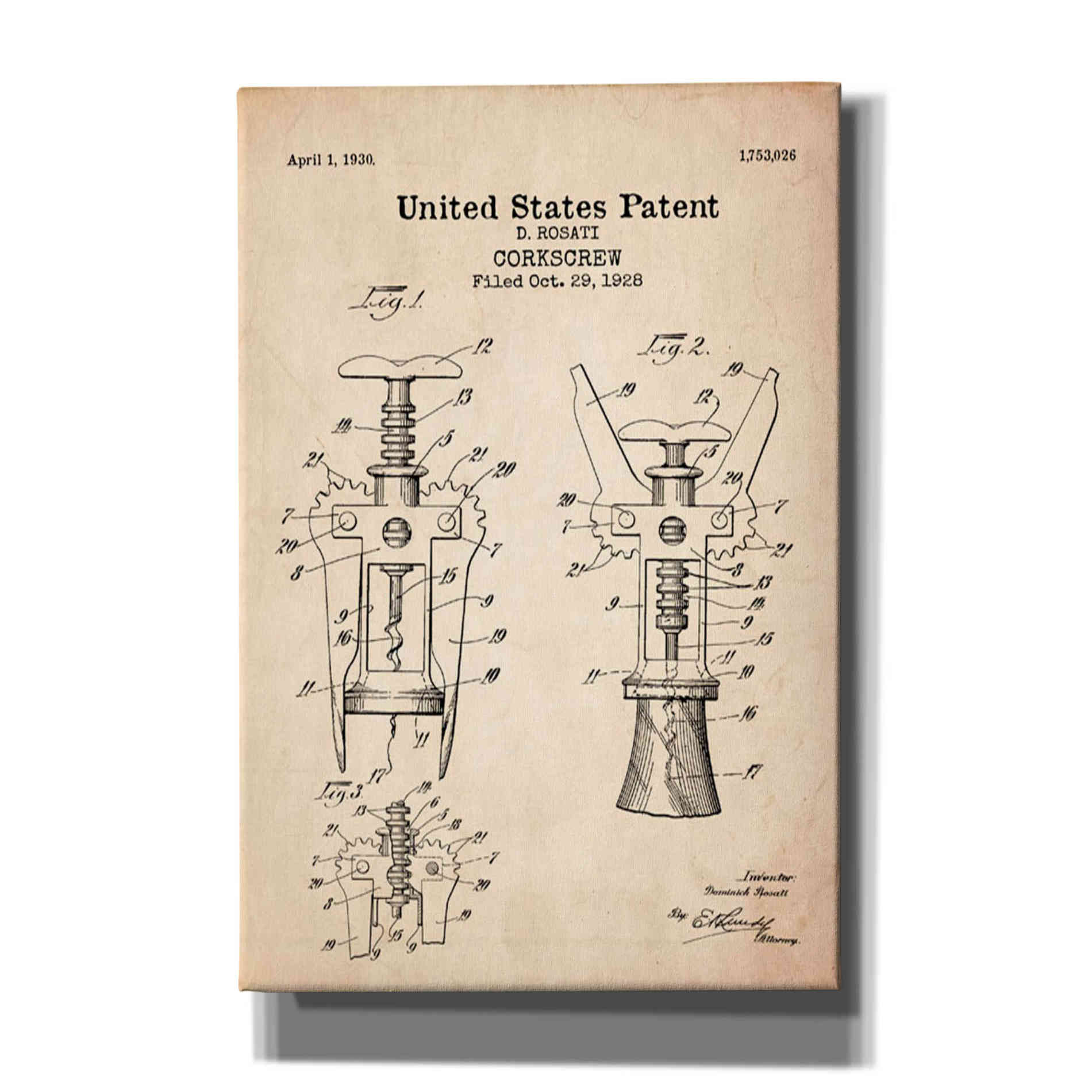 'Corkscrew Blueprint Patent Parchment' Canvas Wall Art