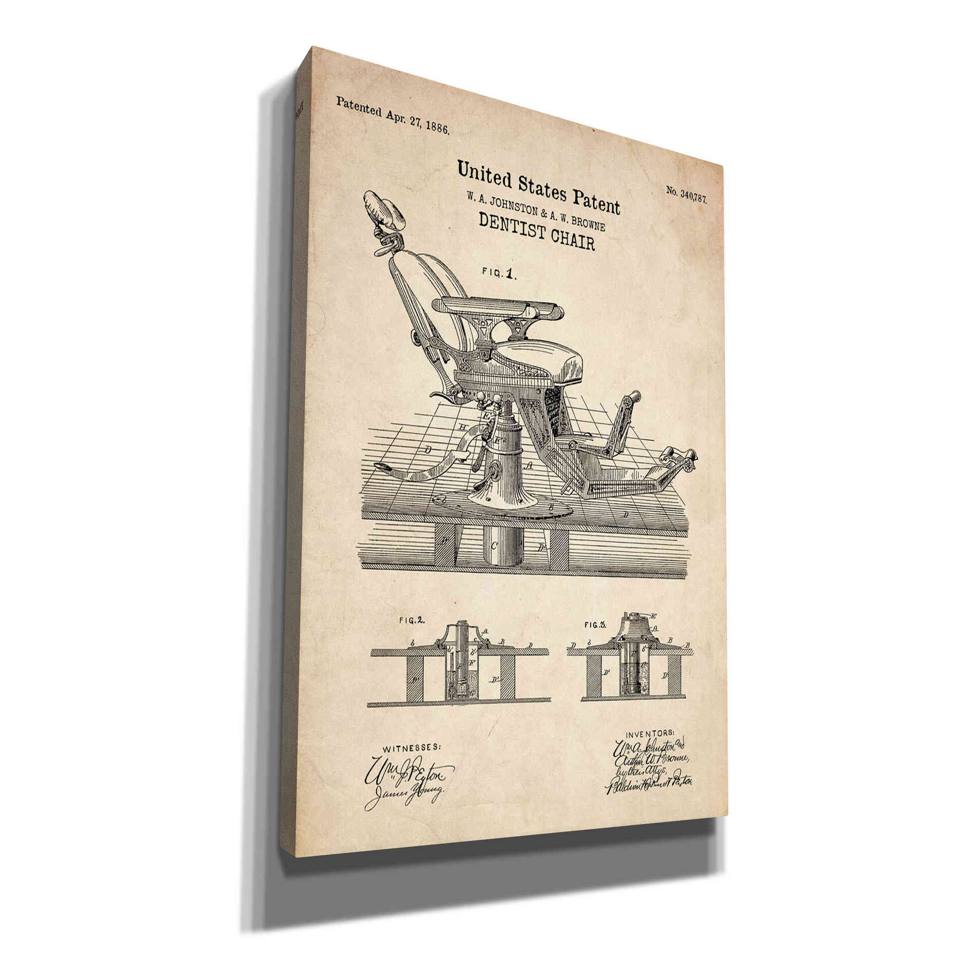 'Dentist Chair Blueprint Patent Parchment' Canvas Wall Art