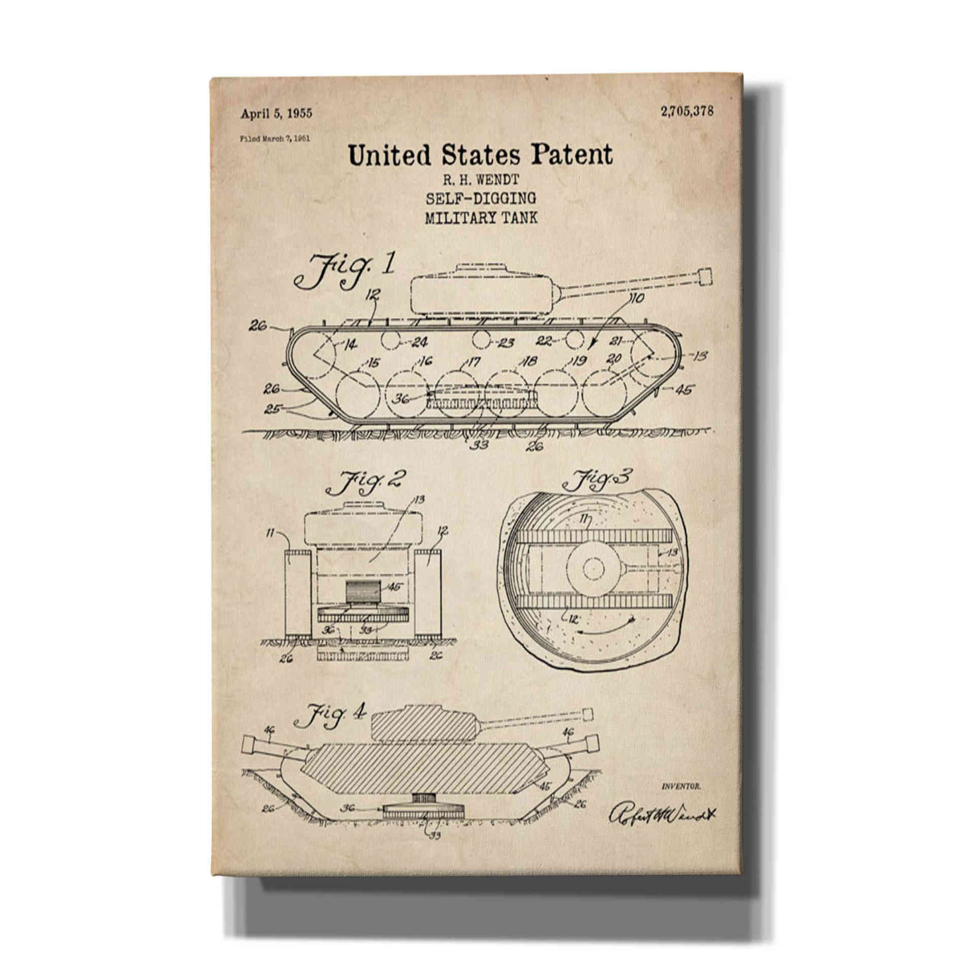 'Self-Digging Military Tank Blueprint Patent Parchment' Canvas Wall Art