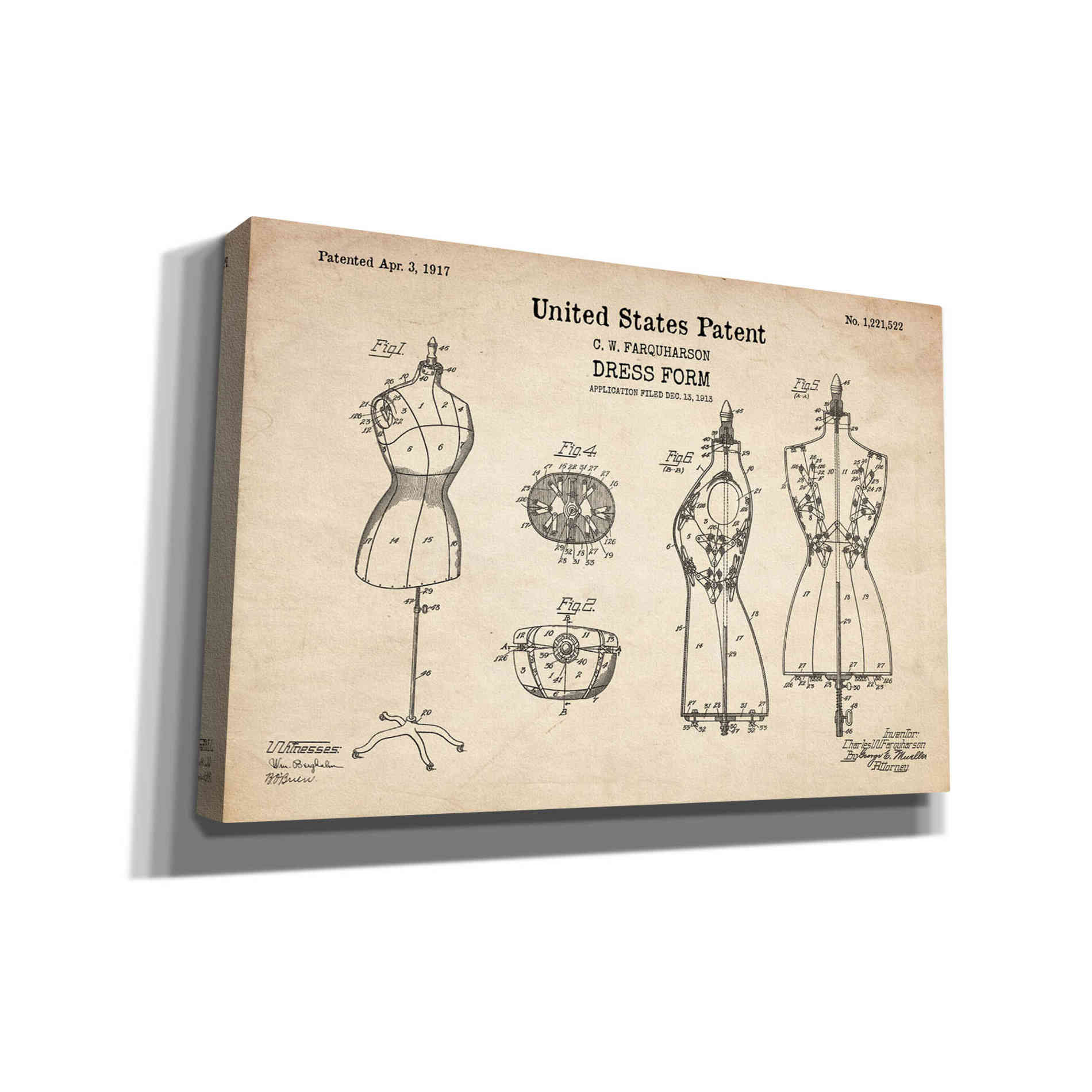'Dress Form Blueprint Patent Parchment' Canvas Wall Art