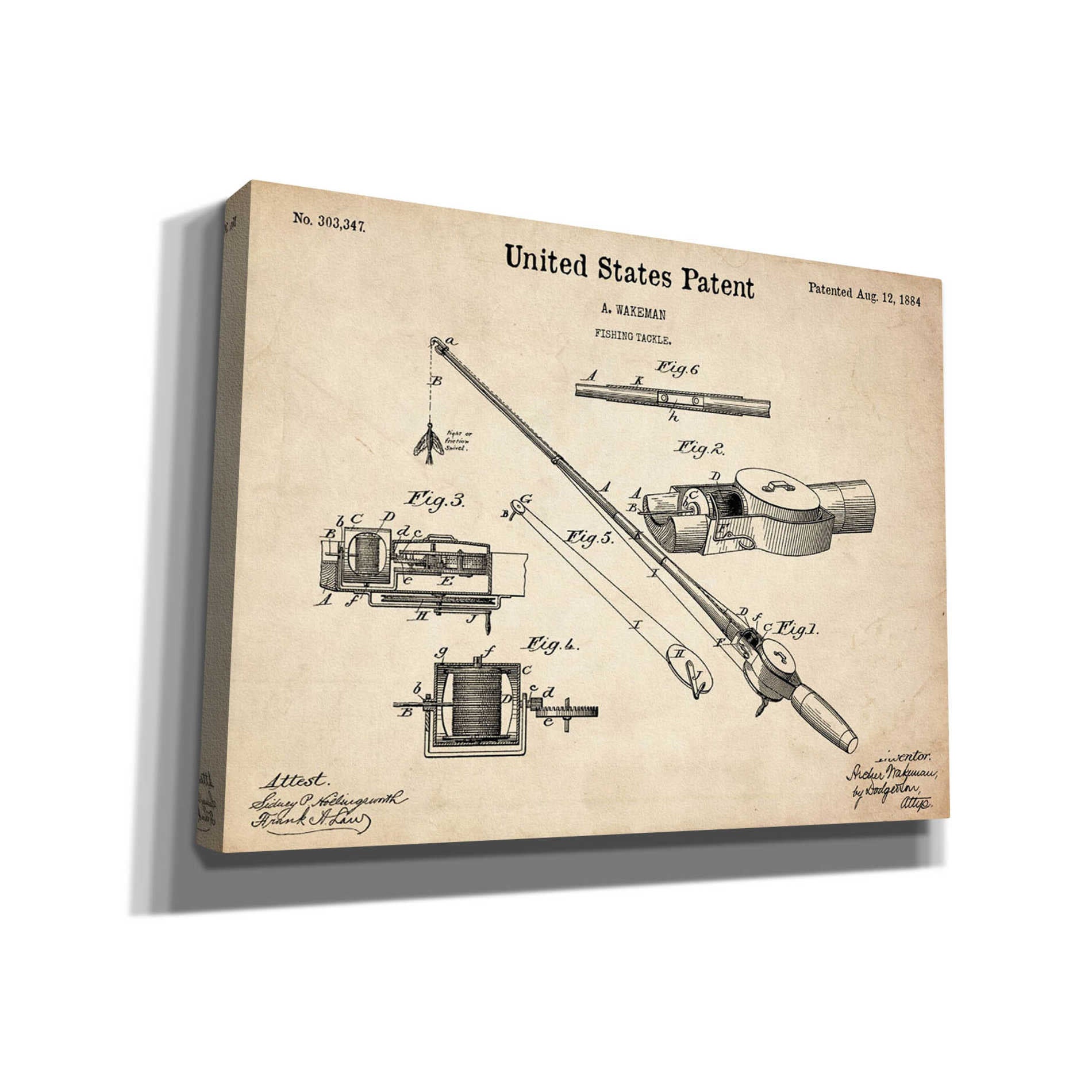 "Fishing Tackle Vintage Patent Blueprint" Giclee Canvas Wall Art