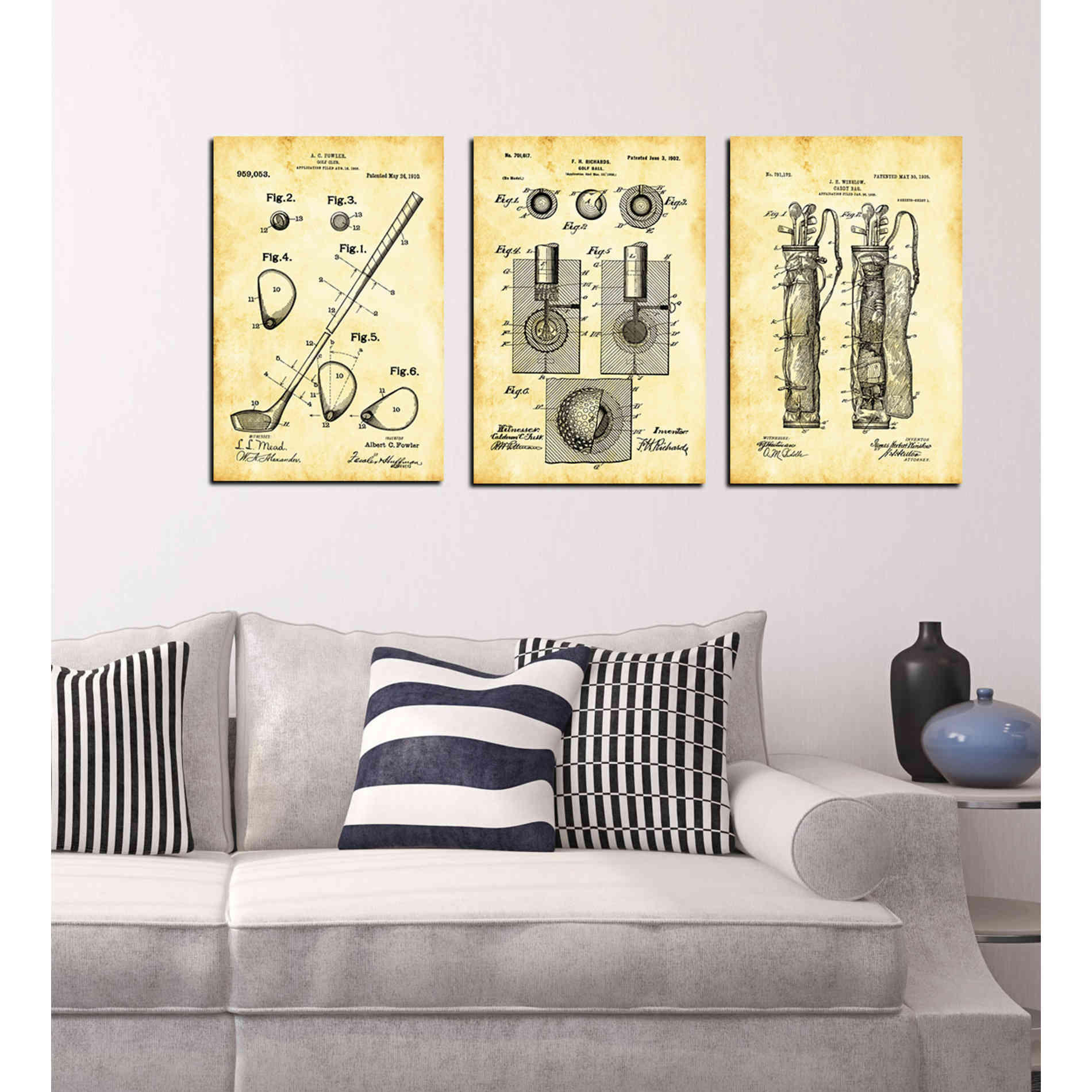 "Golf 3-Piece Set Vintage Patent Blueprint" Giclee Canvas Wall Art (Set of 3)