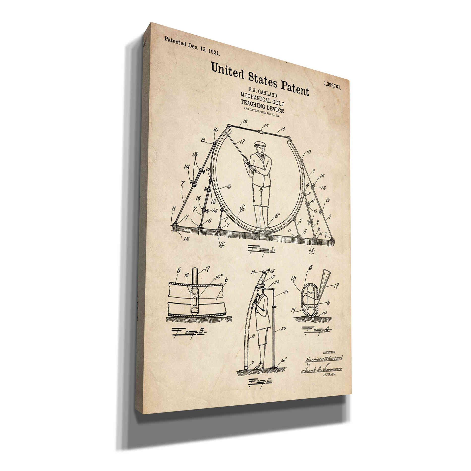 'Golf Teaching Device Blueprint Patent Parchment' Canvas Wall Art