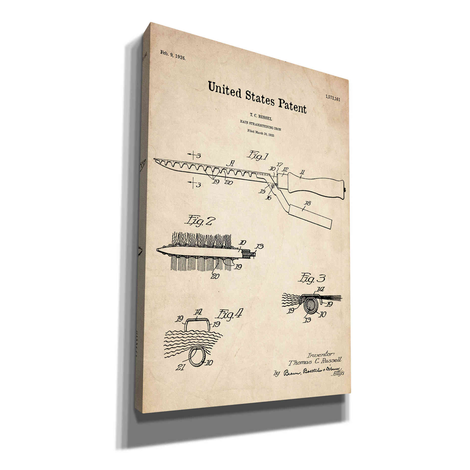 'Hair Straightening Iron Blueprint Patent Parchment' Canvas Wall Art