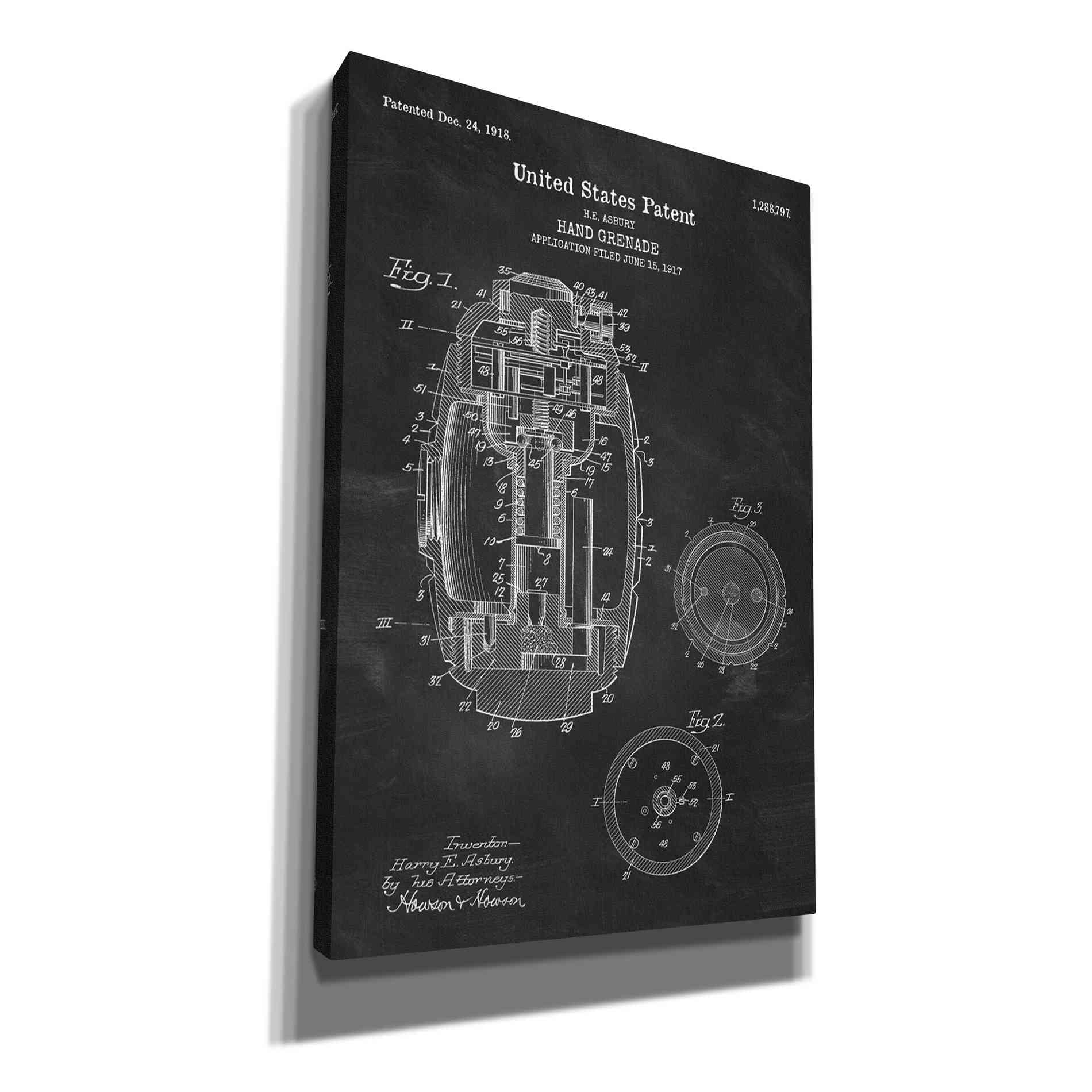 'Hand Grenade Blueprint Patent Chalkboard' Canvas Wall Art