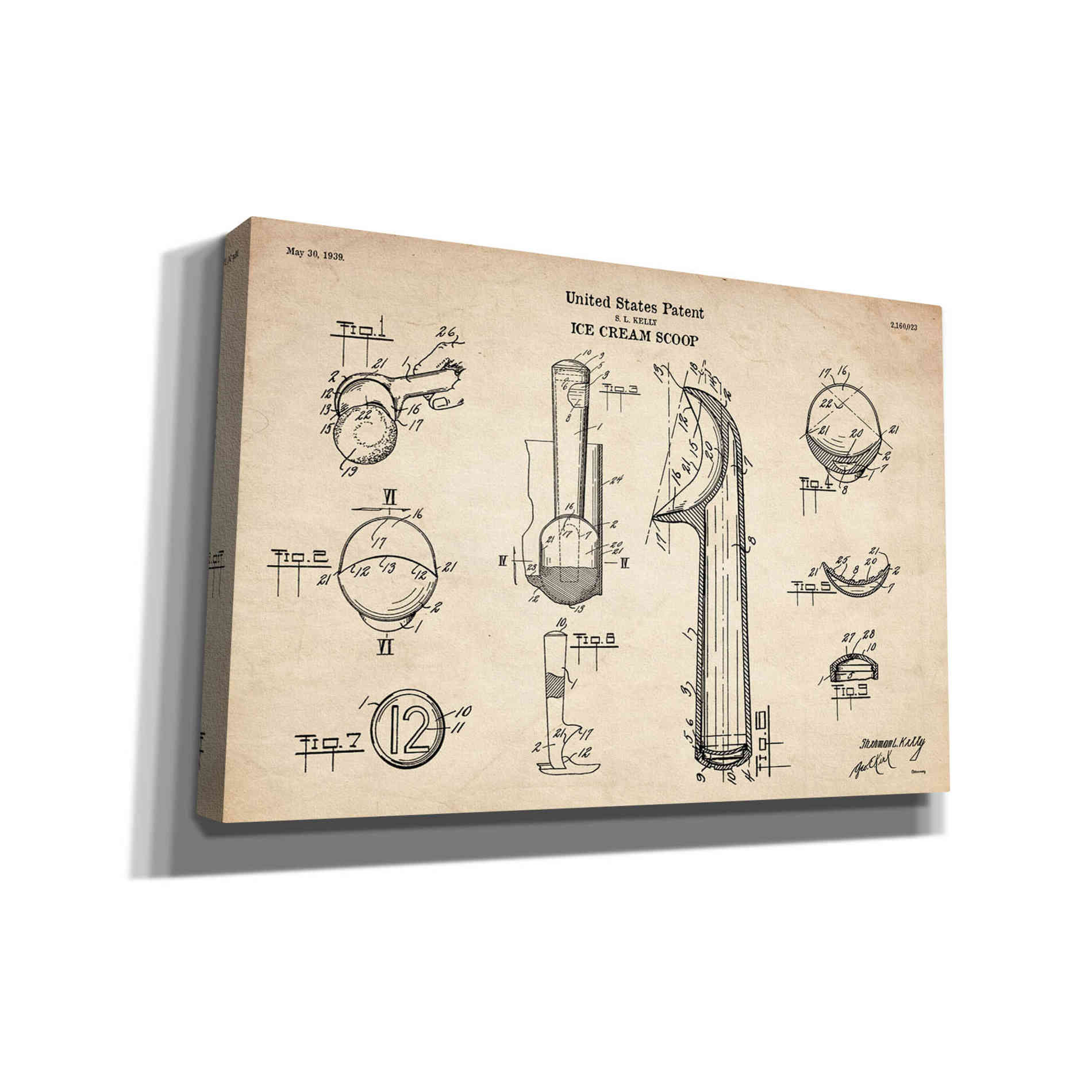 'Ice Cream Scoop Blueprint Patent Parchment' Canvas Wall Art