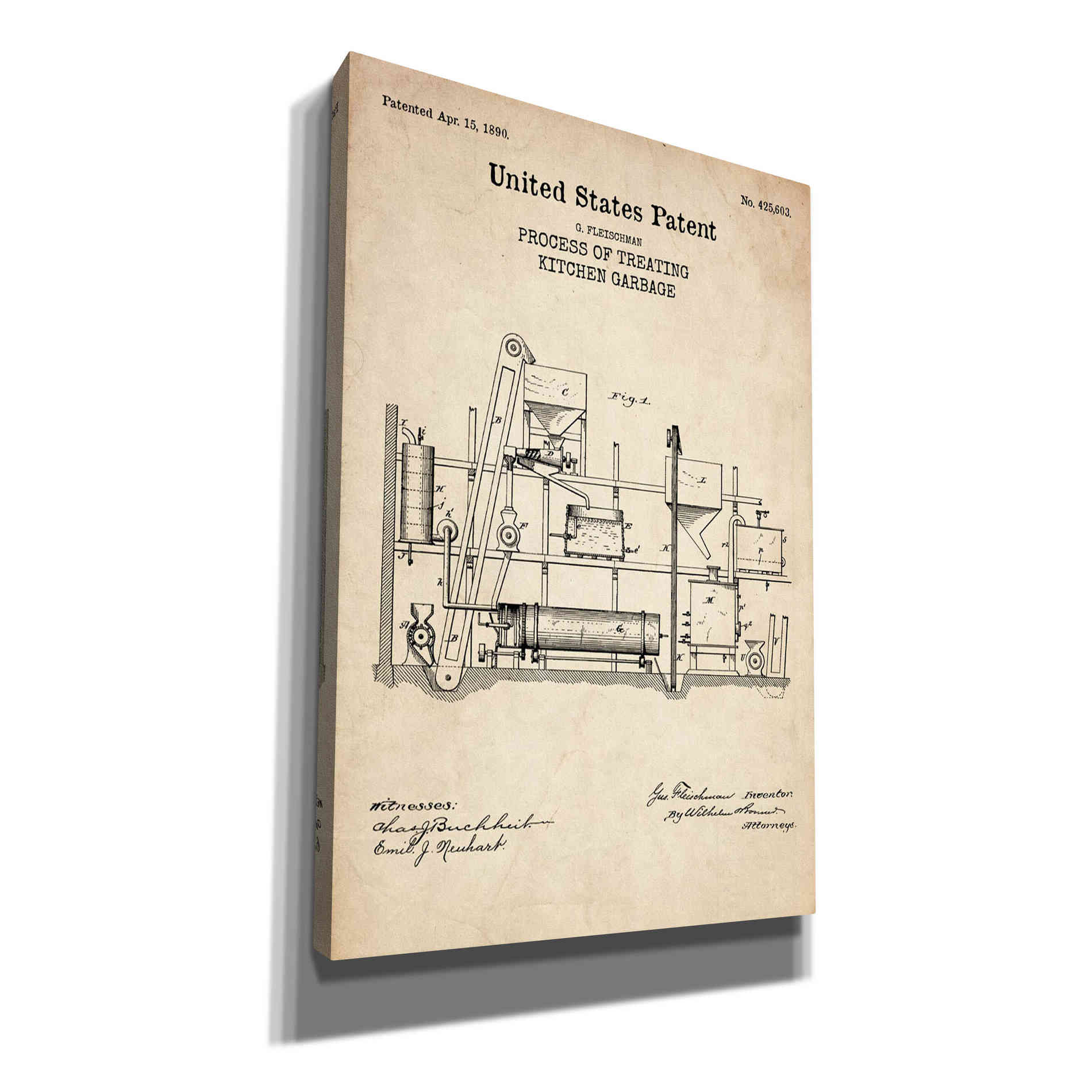 'Kitchen Garbage Blueprint Patent Parchment' Canvas Wall Art