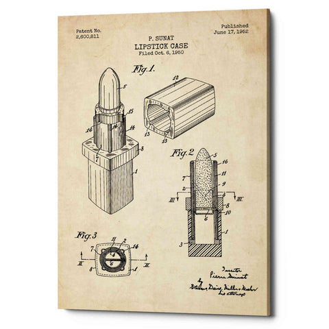 Image of 'Lipstick Case Blueprint Parchment Patent' Canvas Wall Art