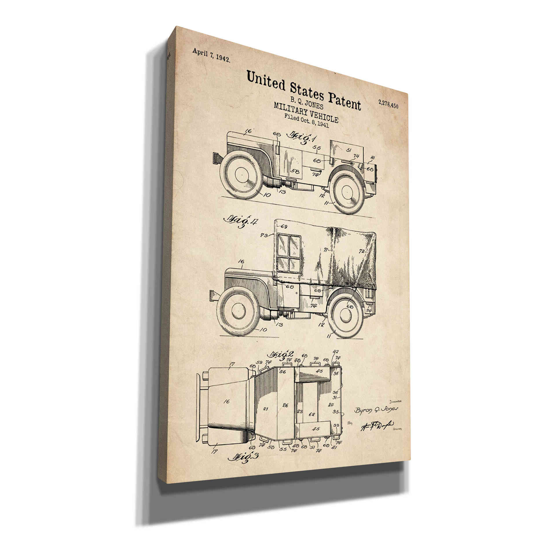 'Military Vehicle Blueprint Patent Parchment' Canvas Wall Art