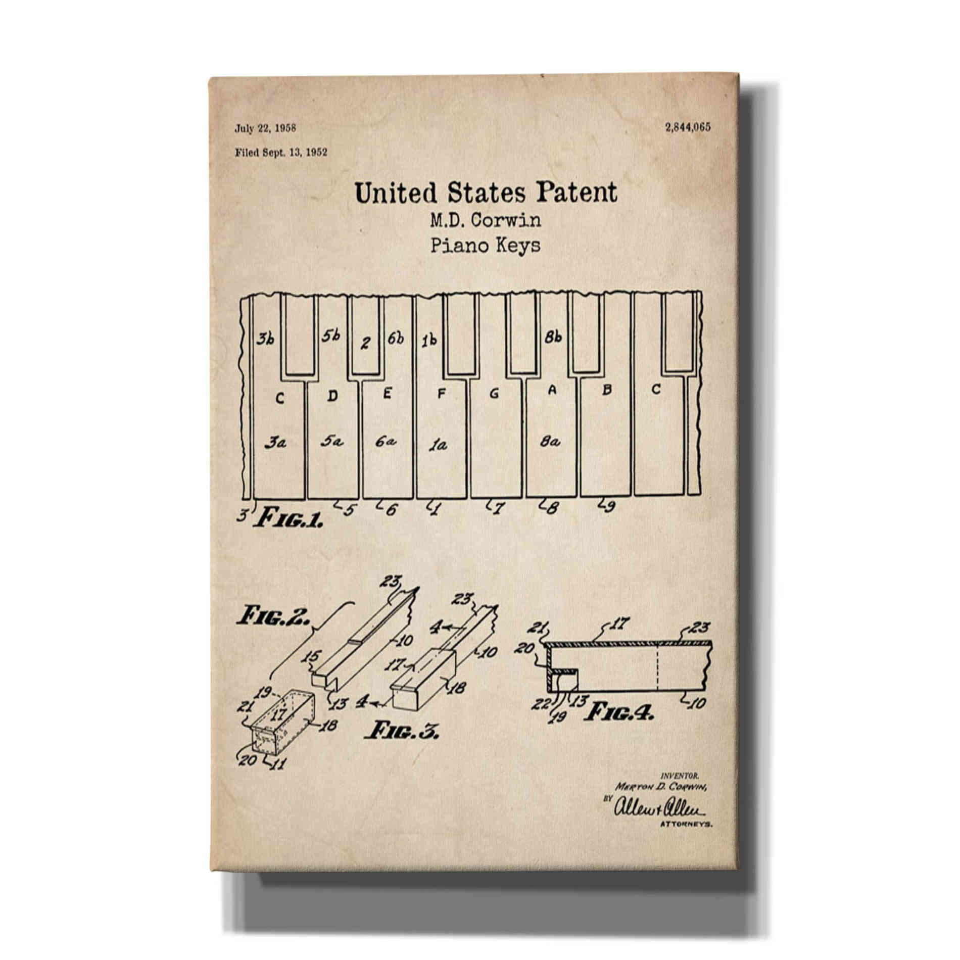 'Piano Keys Blueprint Patent Parchment' Canvas Wall Art