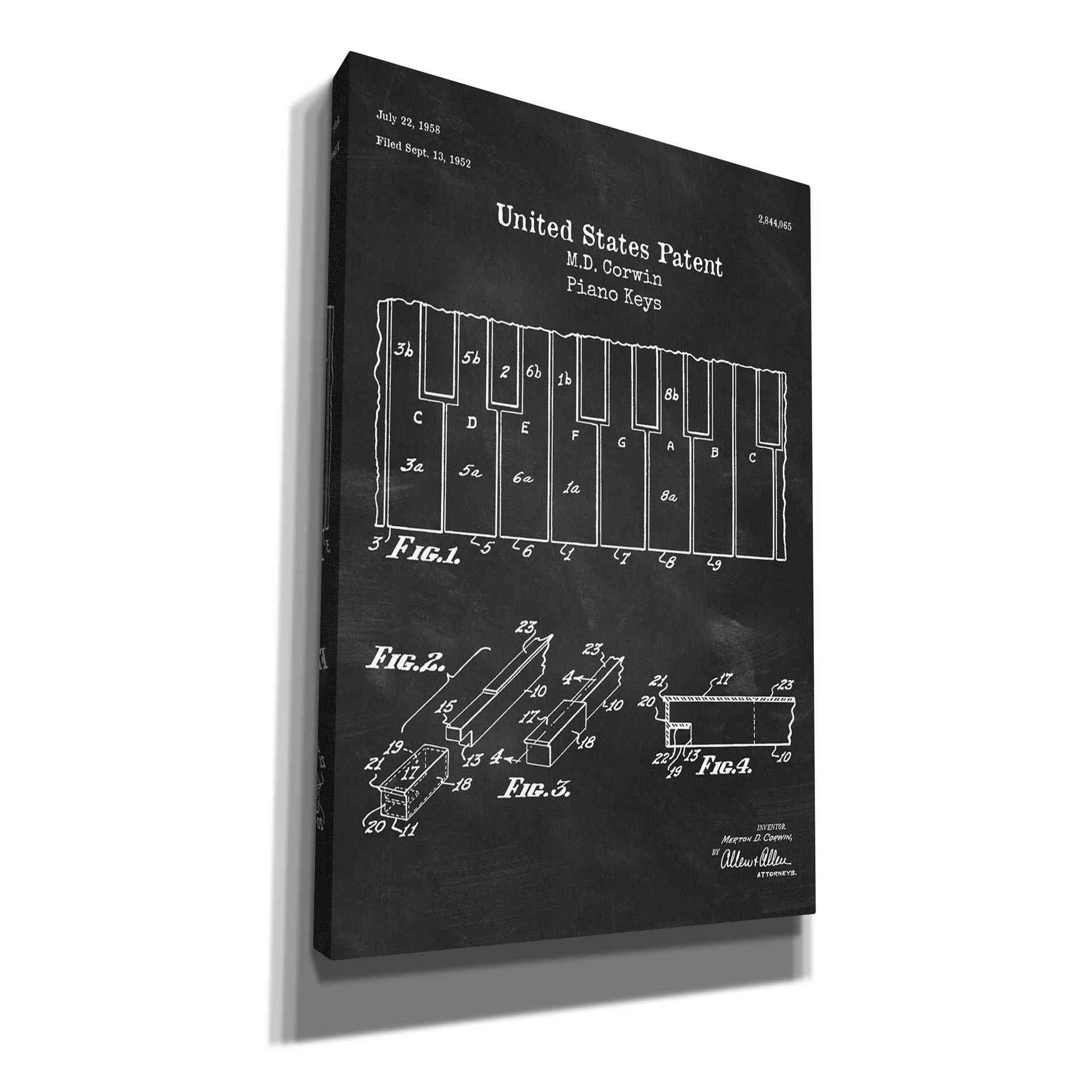 'Piano Keys Blueprint Patent Chalkboard' Canvas Wall Art