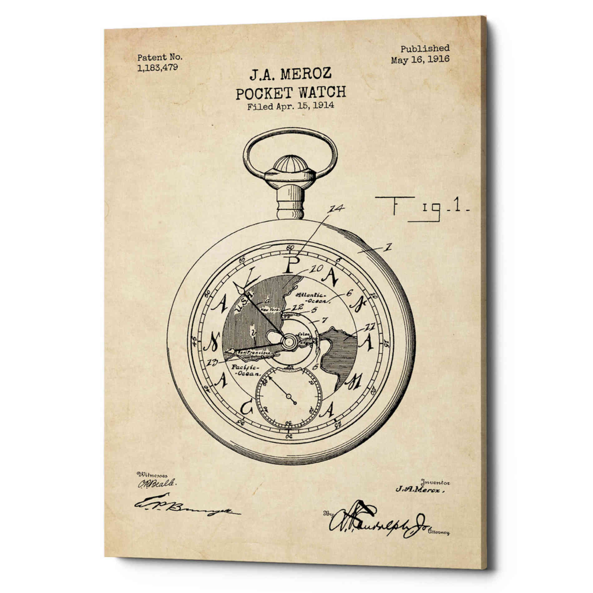 'Pocket Watch Blueprint Patent Parchment' Canvas Wall Art