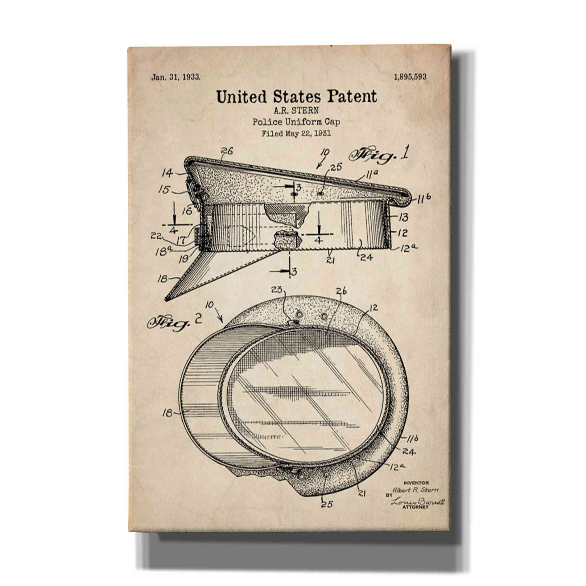 'Police Uniform Cap Blueprint Patent Parchment' Canvas Wall Art