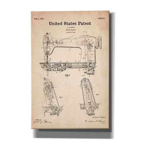 Image of 'Sewing Machine Blueprint Patent Parchment' Canvas Wall Art