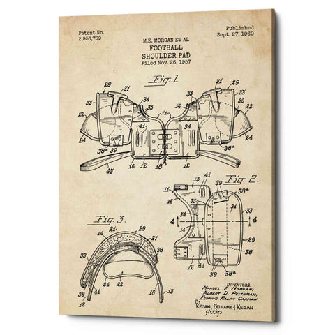 Image of 'Football Shoulder Pad Blueprint Patent Parchment' Canvas Wall Art