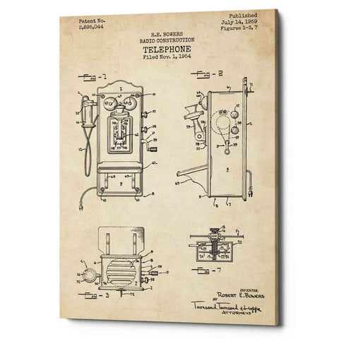 Image of 'Telephone, 1959 Blueprint Patent Parchment' Canvas Wall Art