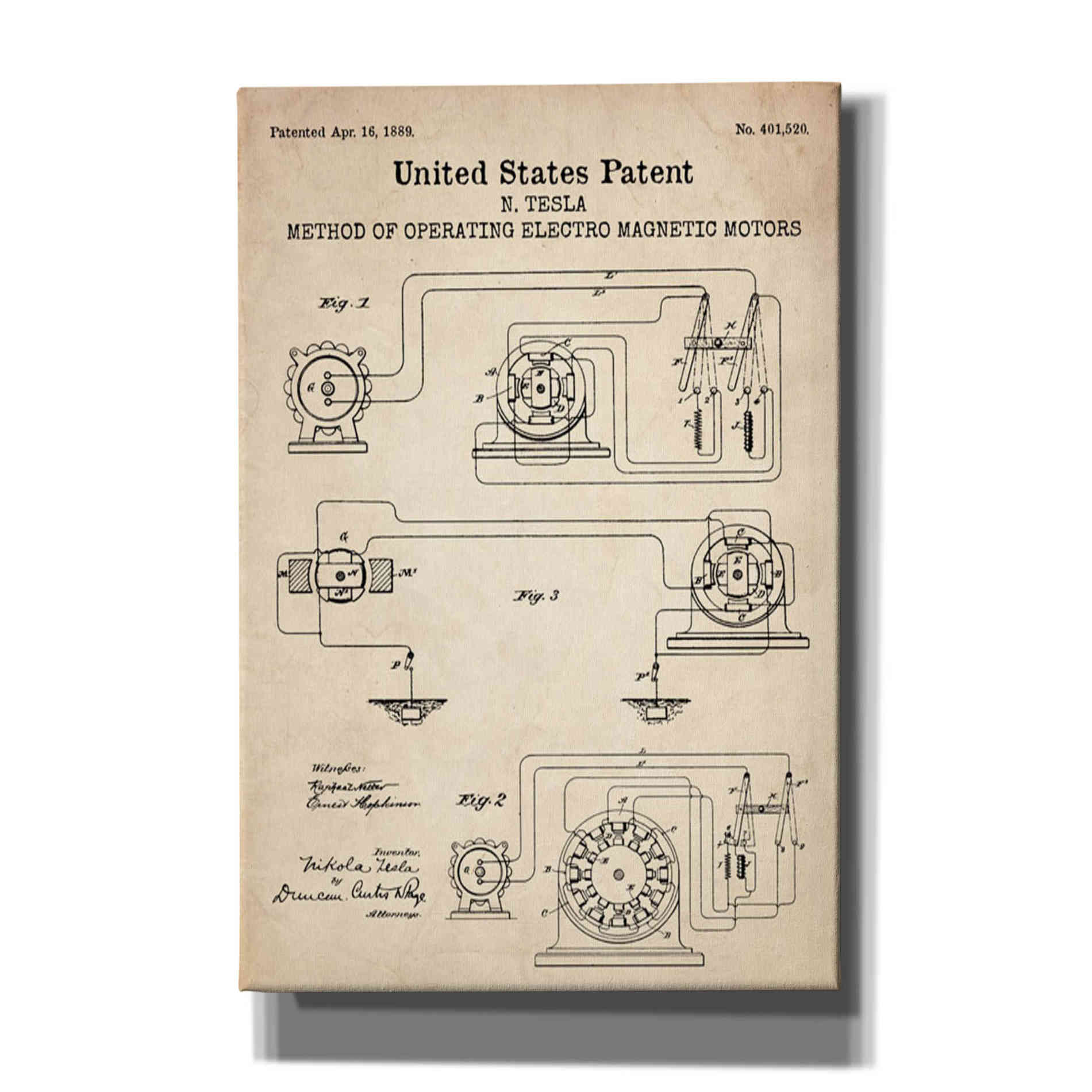 'Operating Tesla Motor Blueprint Patent Parchment' Canvas Wall Art